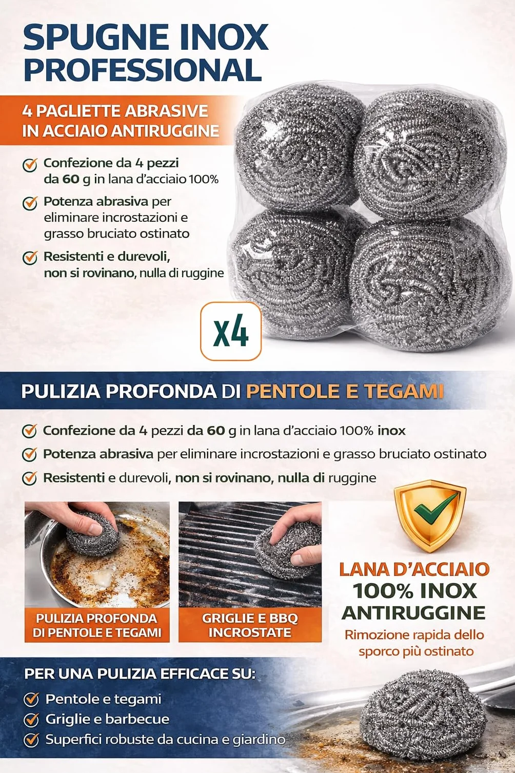 Spugne Inox Professionali in Acciaio Antiruggine 60 g – Confezione da 4 Pagliette Acciaio Abrasive per Pentole, Tegami, Griglie e Barbecue – Lana d’Acciaio per Pulizia Sporco Incrostato e Bruciato,