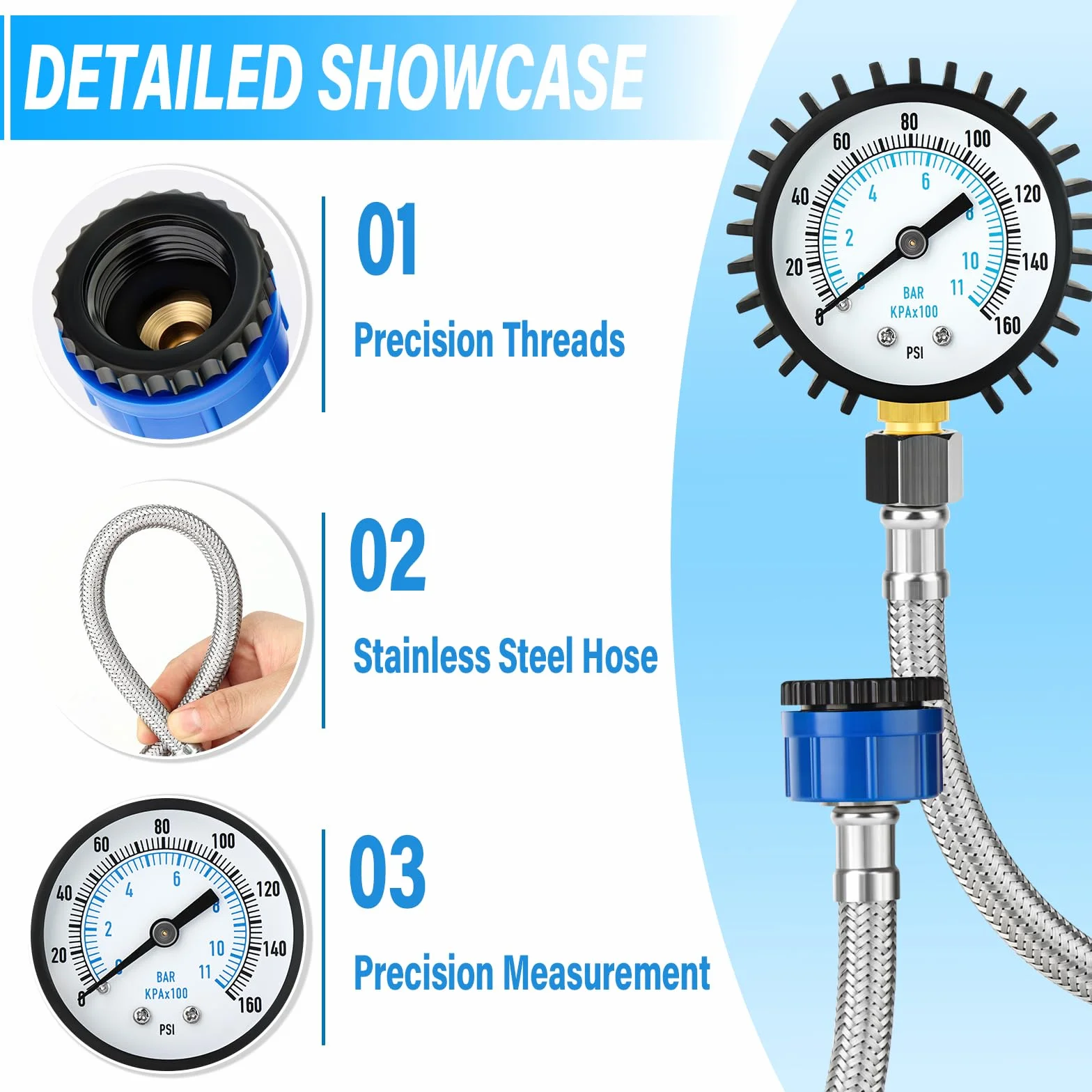 Manometro per pressione dell'acqua 0-11 Bar/0-160 Psi, quadrante da 2" in acciaio inossidabile Manometro per pressione di alimentazione dell'acqua con raccordo per rubinetto flessibile