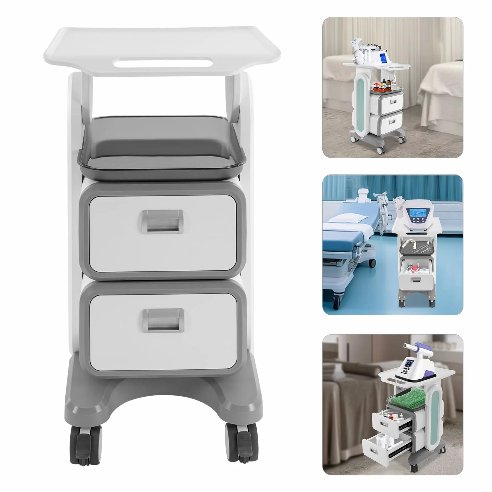 Carrello medico con 2 vassoi e cassetto, carrello da laboratorio in ABS di alta qualità, con 4 ruote universali, fino a 60 kg, bianco
