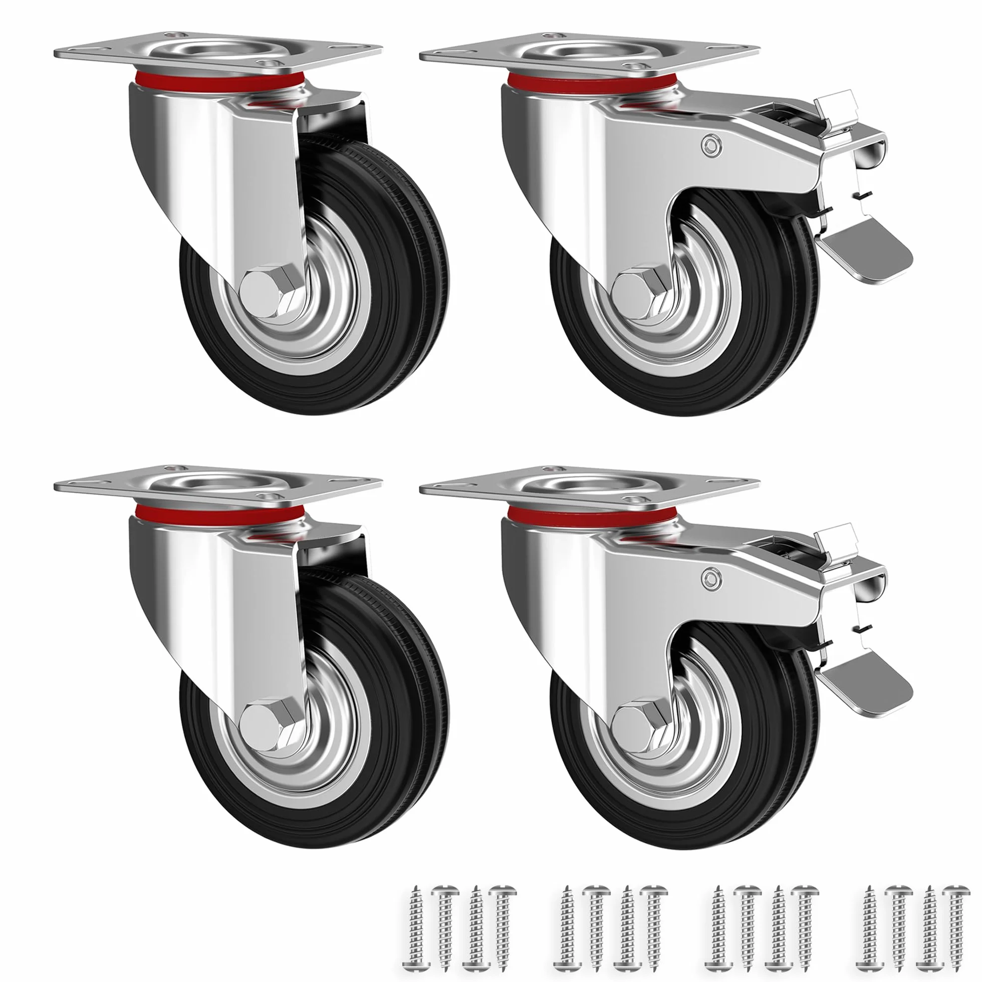 RAVN HAMAN Set da 4 Ruote per carichi pesanti 75 mm - Ruote pivontanti per mobili con freno fino a 50 kg per ruota - Ruote girevoli per uso interno ed esterno - Rotelle piroettanti