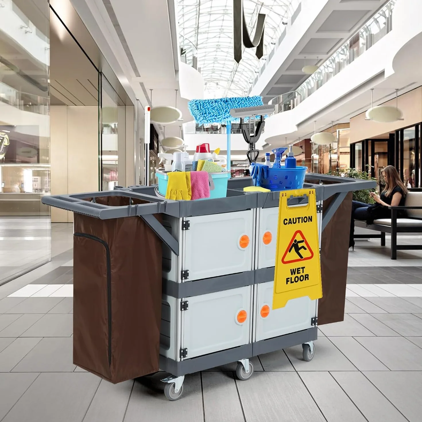 Carrello per pulizie professionale a 4 scomparti con doppio coperchio, manico in PP, struttura in alluminio, ruote silenziose TPR da 4 pollici, sacchi inclusi
