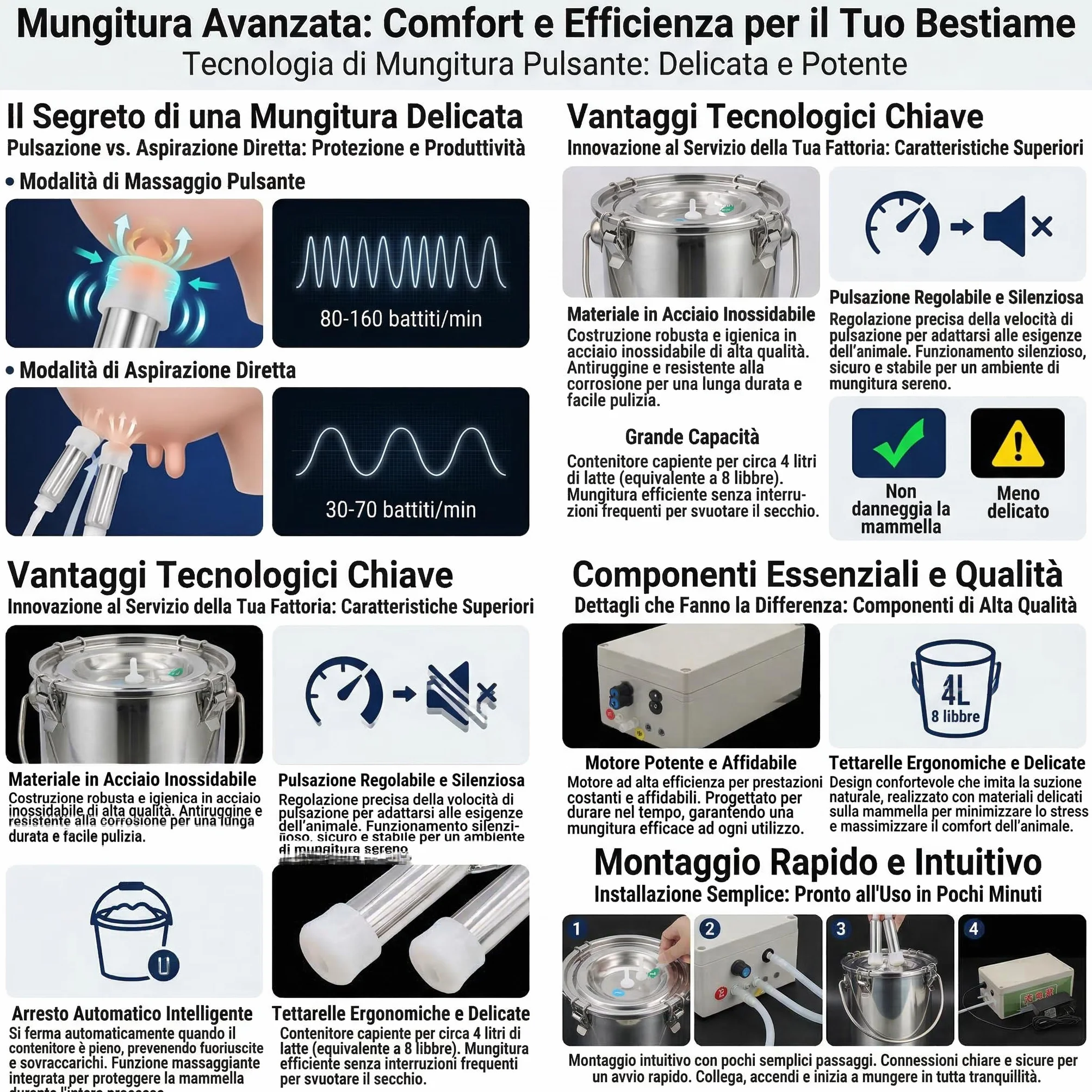 Mungitrice per mucche, 【KOUBHYJ 12L Attrezzatura per la Mungitura】[Integrato-Caricabile e collegabile-Massaggio pulsante]con Secchio in Acciaio Inox 4 Tettarella In Gomma per Mucche