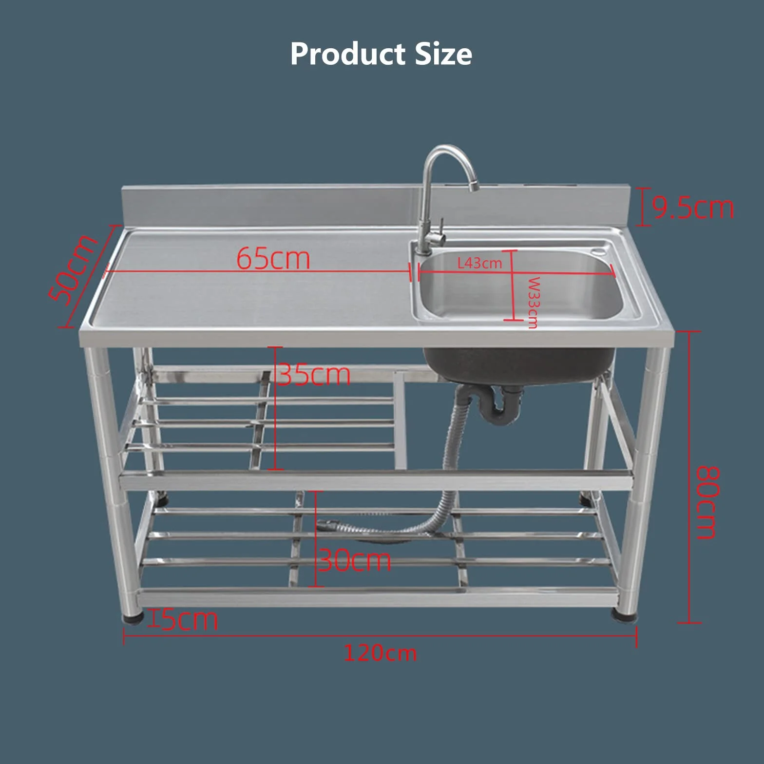 Lavandino a una vasca in acciaio inox, lavello di servizio a libera installazione, lavello da cucina per ristoranti commerciali, con banco di lavoro e ripiani di stoccaggio(120cm/47in,右)