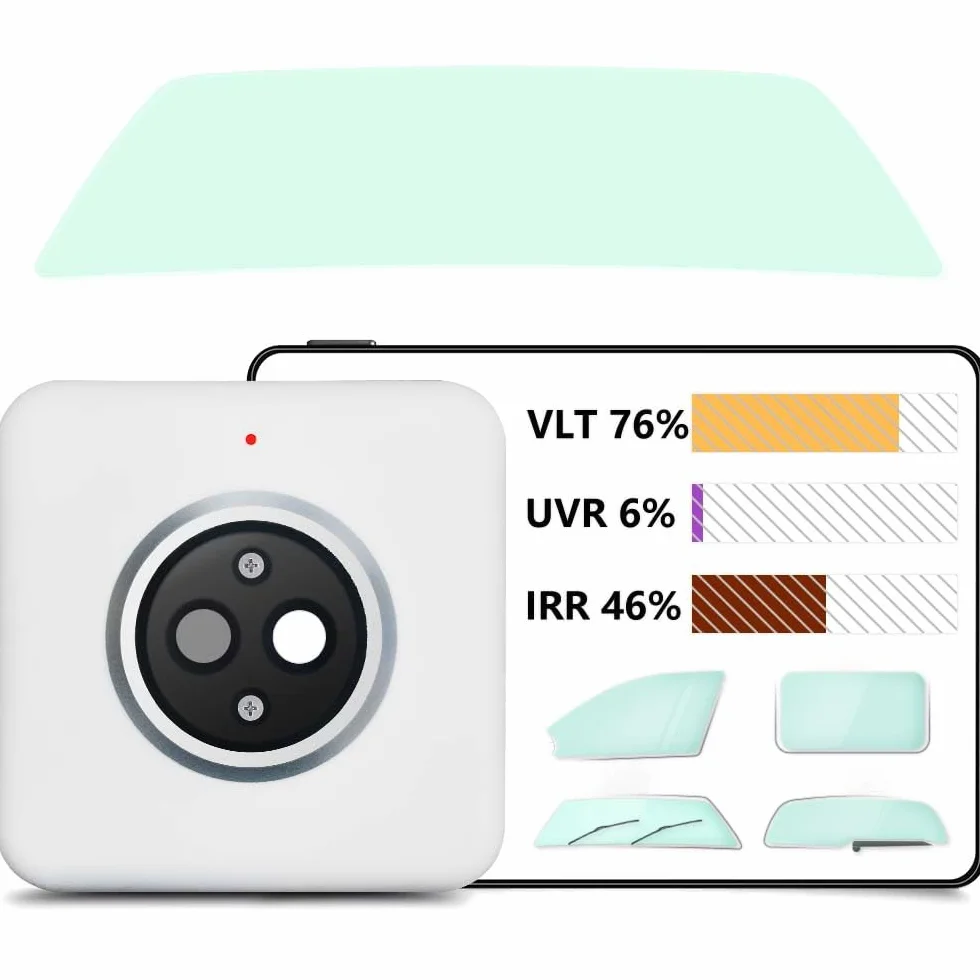 Tintmeter, zichtbare zend lichtsnelheid (400-700nm), afwijzingssnelheid van UVA (365-400nm) en zonne-energie (>1000nm). Toon testresultaten voor 5 soorten autoruiten.