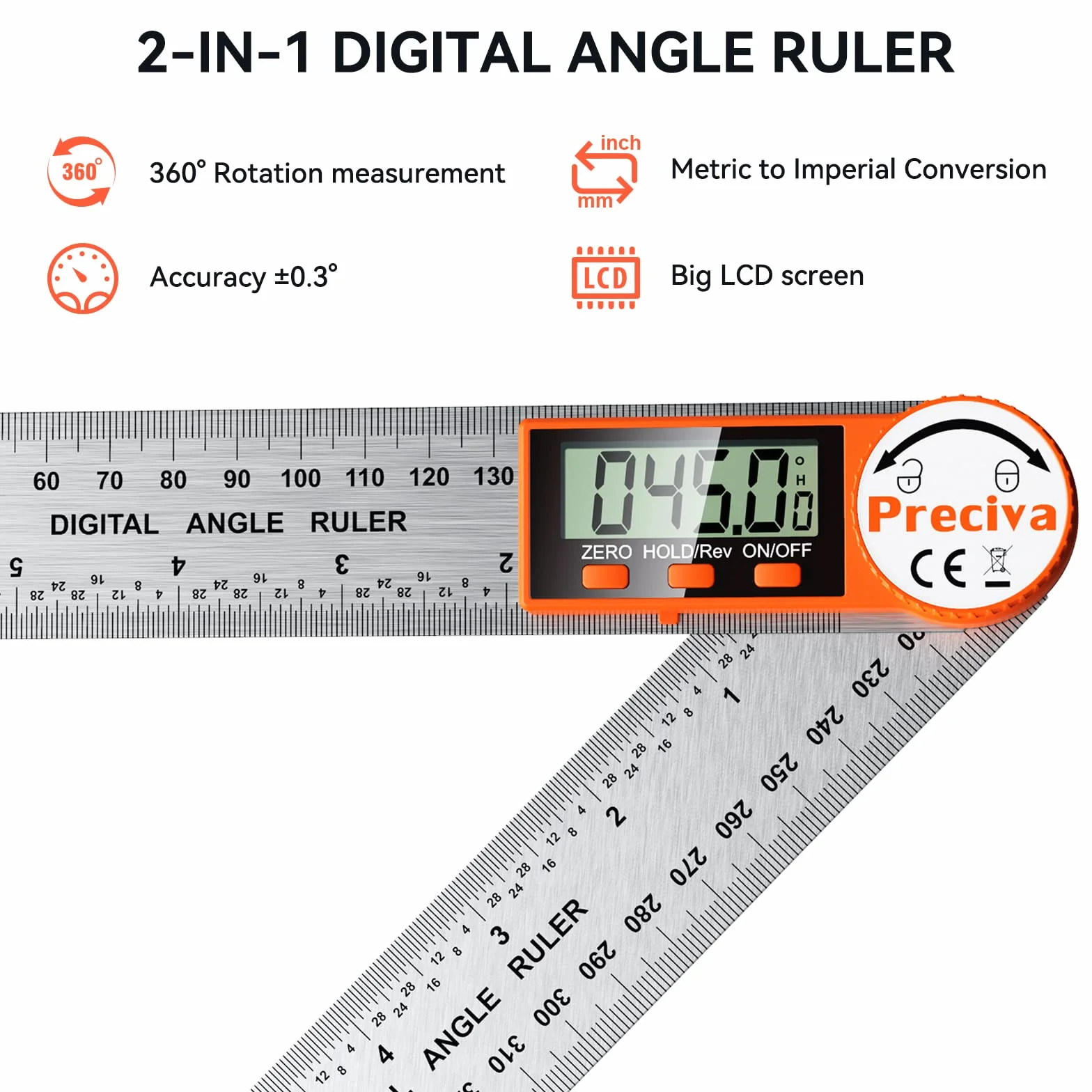 Preciva Misuratore di angolo digitale 400 mm Goniometro acciaio inossidabile display LCD