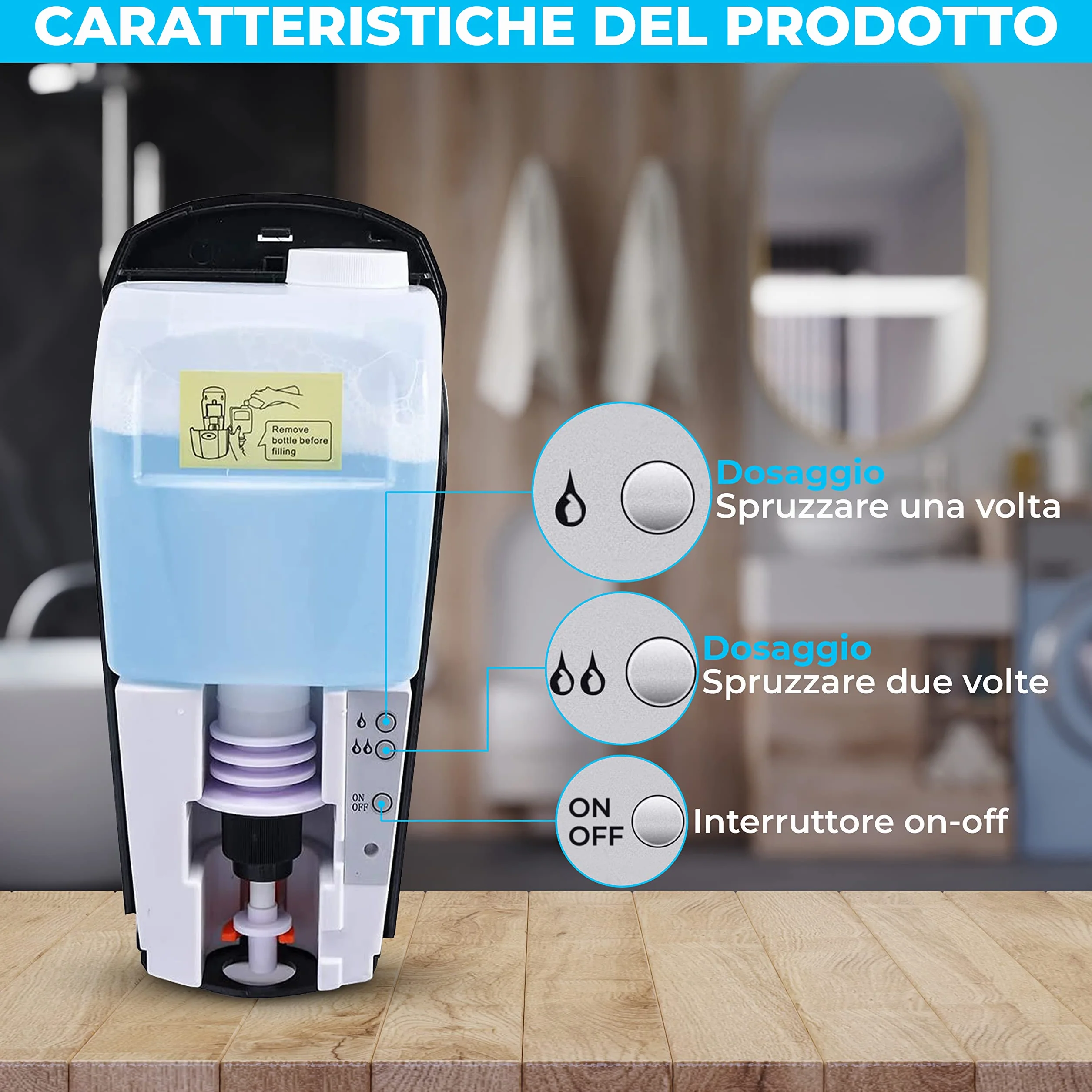Dispenser di disinfettante automatico con sensore. Dispenser di disinfettante senza contatto con un contenitore di ricarica da 1000 ml.
