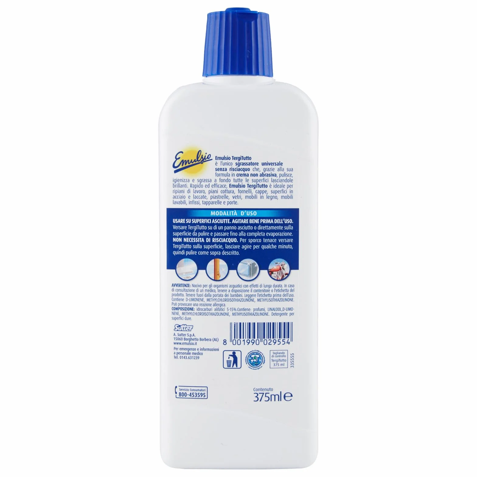 Emulsio Tergi Tutto Sgrassatore Universale in Crema Lucidante Igienizzante Senza Risciacquo per Tutte le Superfici Piano Cottura Fornelli Cappe Infissi Tapparelle - 4 Flaconi da 375ml