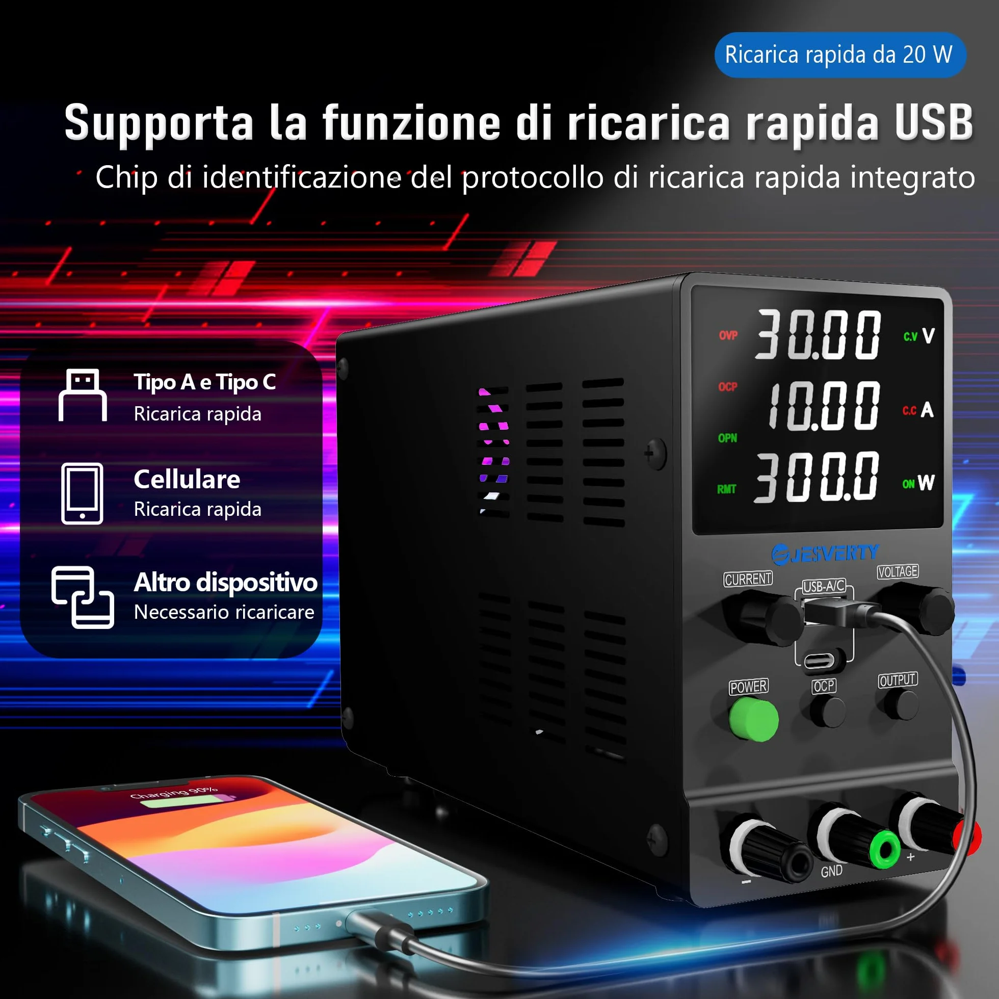Alimentatore da banco regolabile 0-30V 0-10A SPS-3010M con ricarica rapida USB Type-C 20W