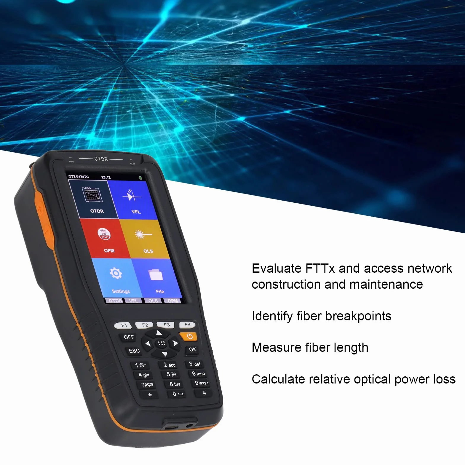 OTDR 1550nm Multifunzionale con schermo Toccabile 3,97 pollici - Strumento Fibra Ottica 60 km Dynamic Range 20 dB, FC/PC, SC/PC