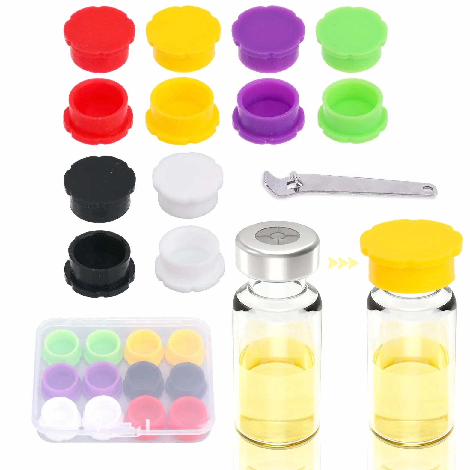 12pz Tappi Protettivi Flaconi in Vetro 3 ml, a Tenuta Stagna & con Coperelli a Ribalta Completo Apribottiglie Accessori Protettivi Riutilizzabili per Fiale 3 ml per Iniezione (6 Colori)