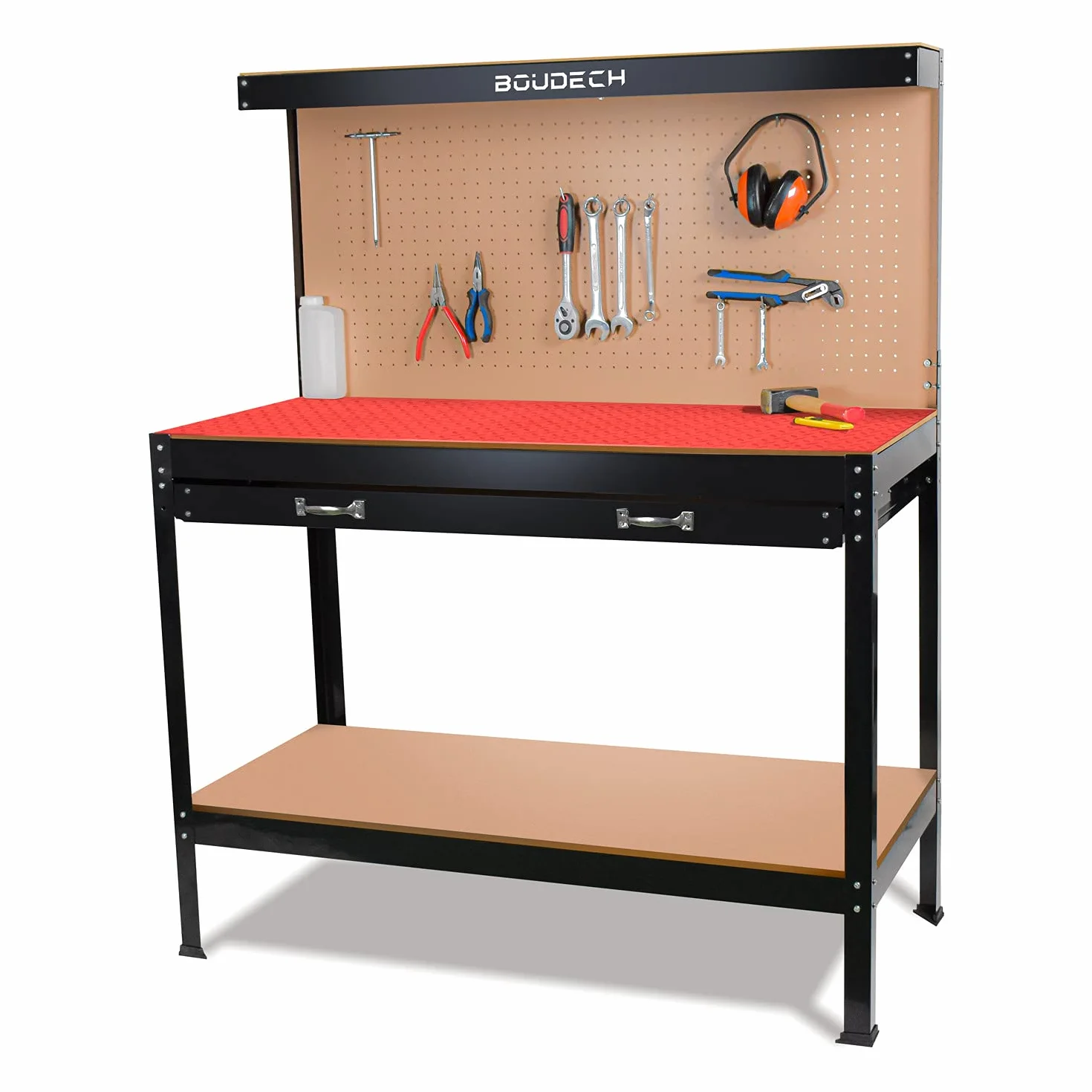Banco da Lavoro con piano da 120x60cm, parete forata e ganci universali per attrezzi + 1 cassetto porta utensili + 2 mensole