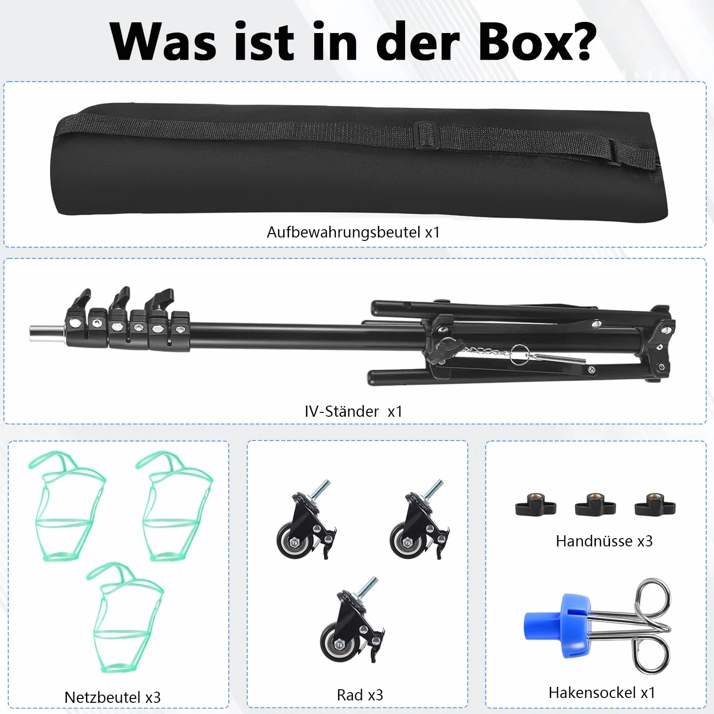 Supporto per infusione regolabile con ruote, altezza regolabile 90 – 190 cm, pieghevole con 4 ganci, 3 tasche in rete e 1 custodia, supporto portatile per IV per ospedale e cura della casa
