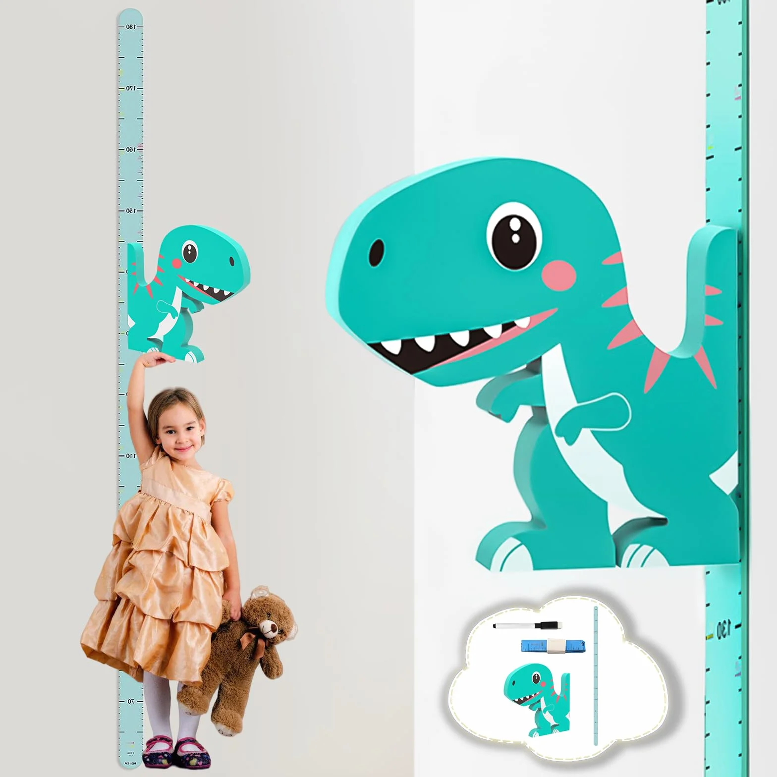 Tabella di misurazione altezza bambino: altimetro dinosauro 3D con penna lavagna bianca e metro a nastro