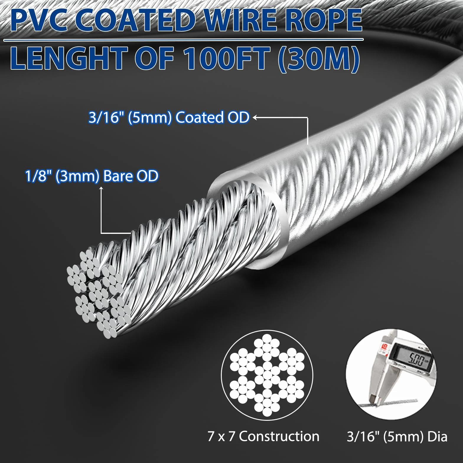 Fune metallica 5 mm 30 m filo tensione acciaio trasparente PVC carico 750 kg