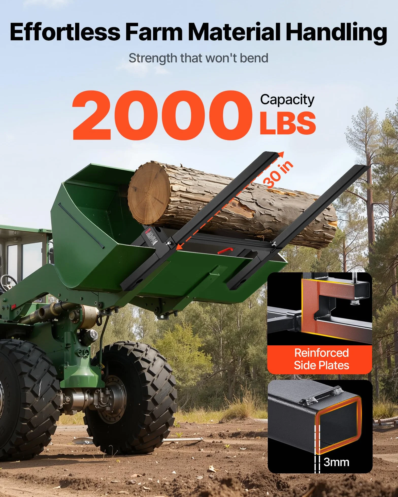 VEVOR Forche per Pallet con Morsetto da 907 kg Lunghezza Totale 109 cm, Forche per Trattori per Impieghi Gravosi con Barra Stabilizzatrice Regolabile per Accessori per Trattori, Benna di Carico