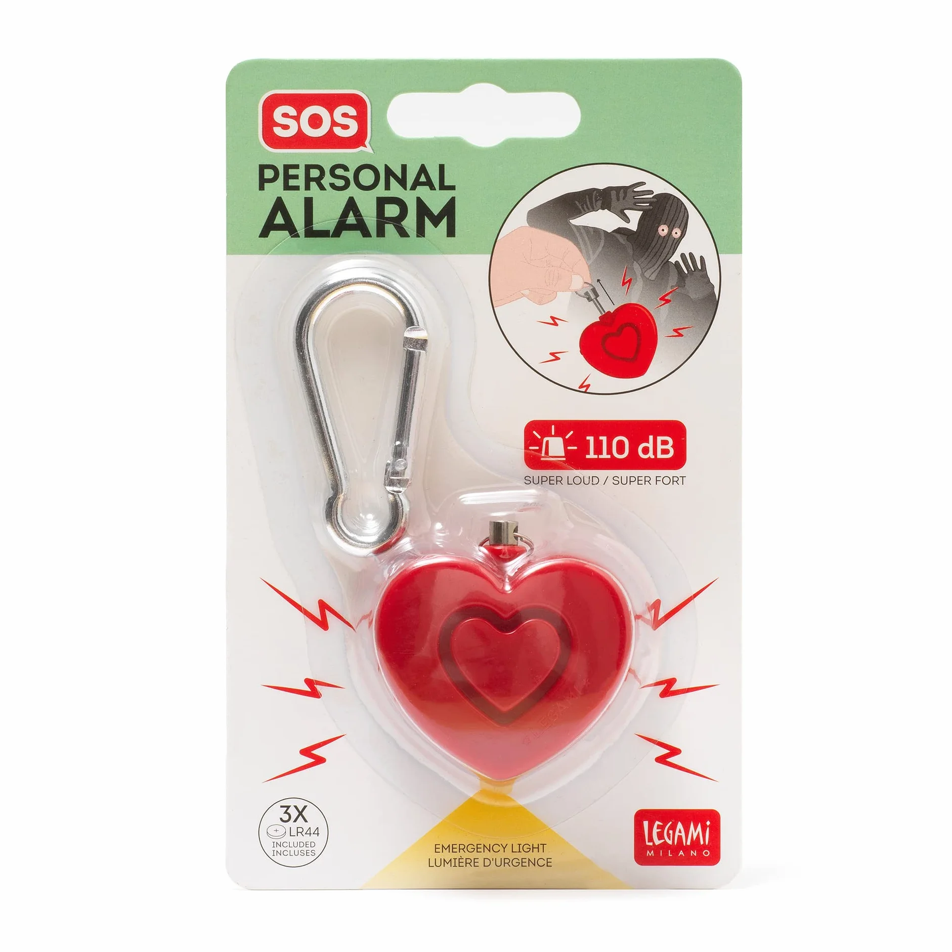 Legami - Allarme di Sicurezza personale con luce LED, SOS Personal Alarm, Permette di Attirare l’Attenzione, Potenza Sonora del Segnale 110 dB, Voltaggio luce 4.5 V, rosso