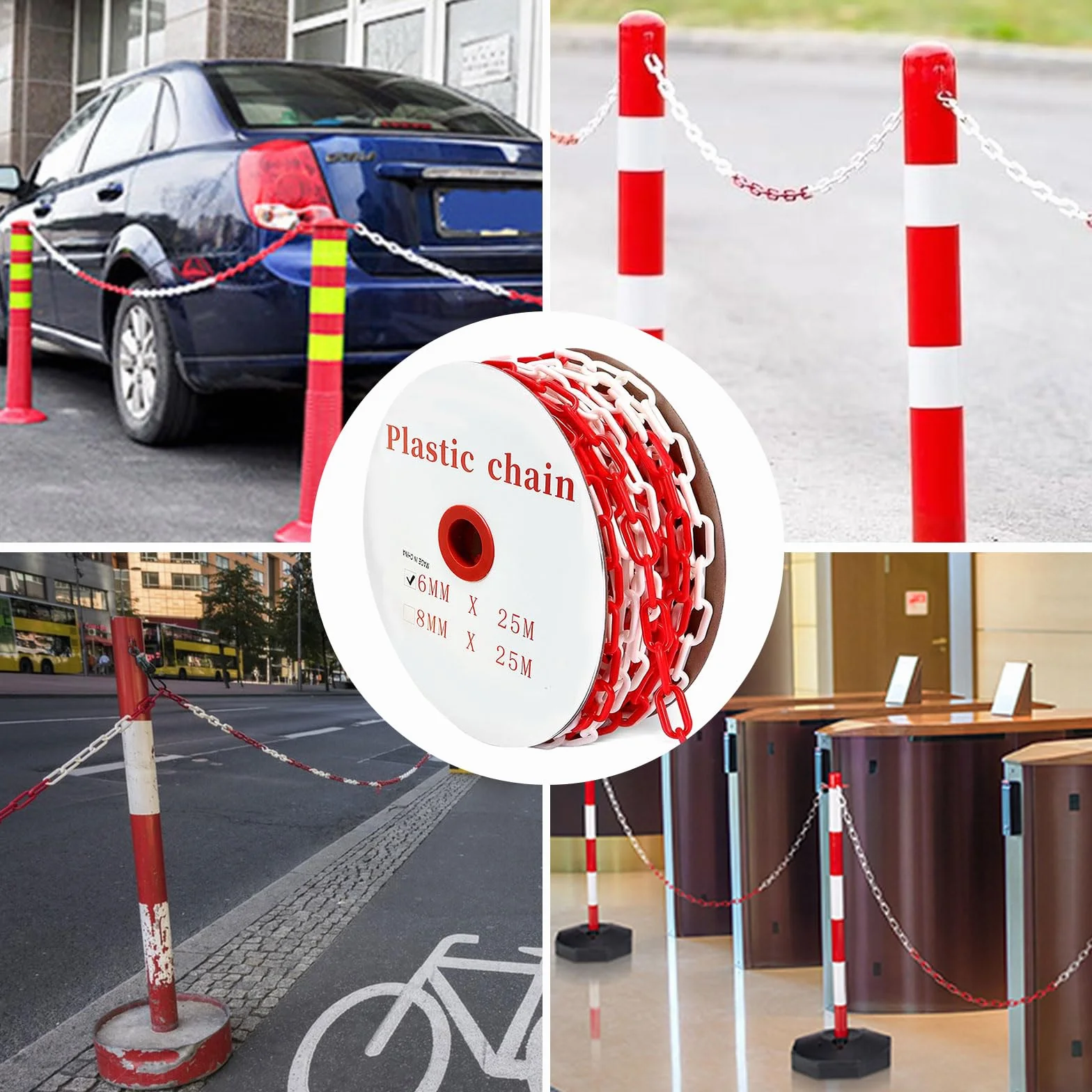 Catena di bloccaggio, 25 m, in plastica, da 6 mm, in plastica, con 4 moschettoni, per barriere in vialetti, posti di lavoro e garage