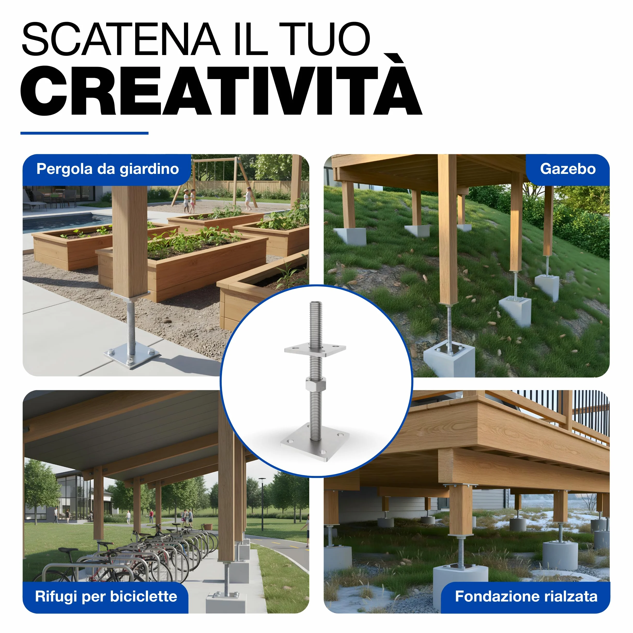 Supporto Regolabile per Palo 70 x 70 mm Rivestito in Fiocco di Zinco Set da 4