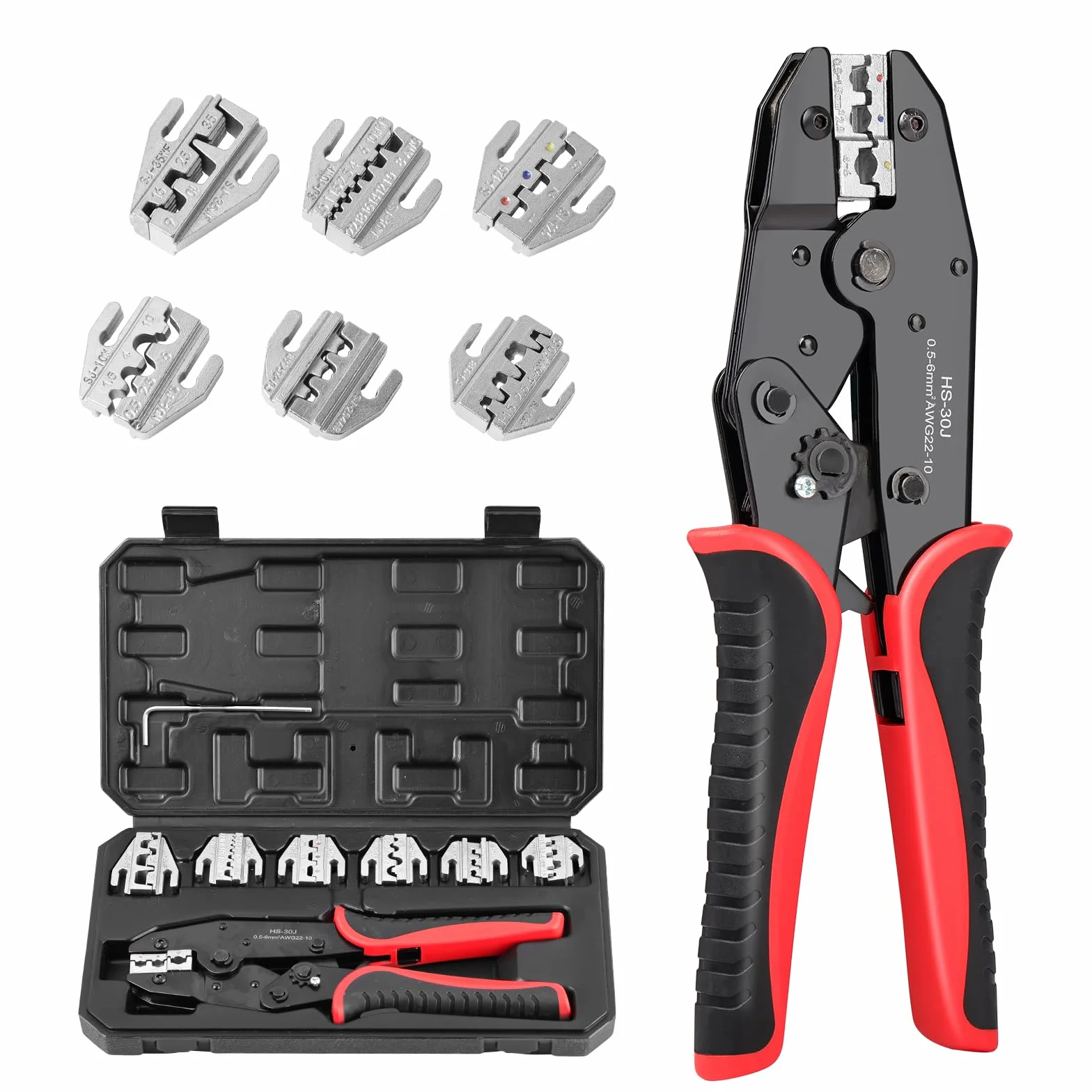 Pinza Crimpatrice Professionale Set con 7 Ganasce Intercambiabili per 0.5-35mm² Kit Crimpaggio per Connettori Solari MC4 Terminali Isolati e Non Isolati, Puntali e Termoretraibili Noir