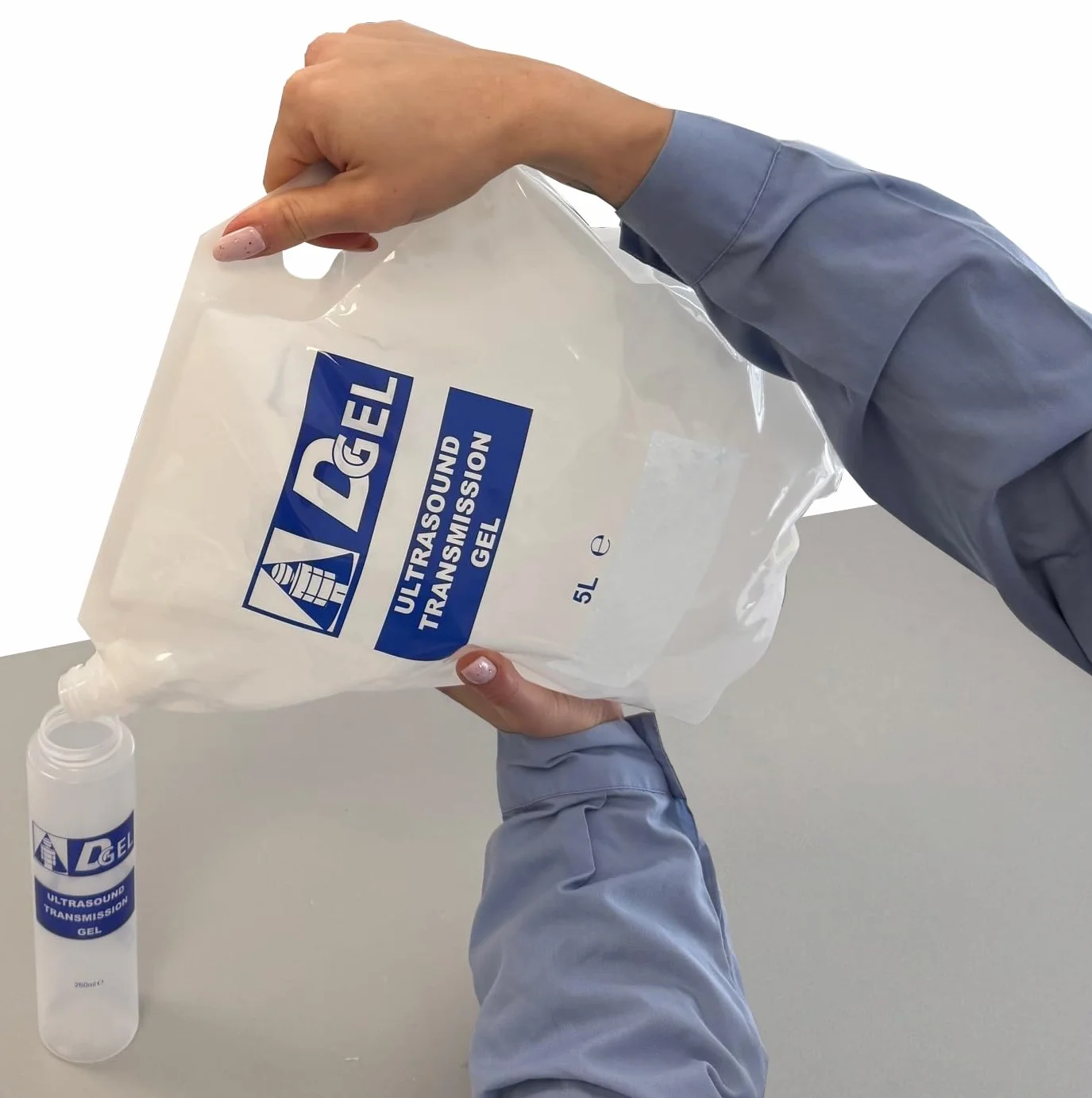 DGel - 2 pezzi Gel conduttore 5 Litri Trasparente Ultrasuoni, Ecografia, IPL - SACCA MORBIDA COMPLETO SVUOTAMENTO SENZA RESIDUO