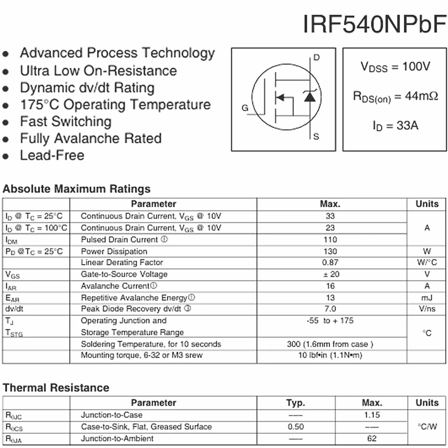 IRF540N MOSFET Transistor 33A 100V N-Channel TO-220