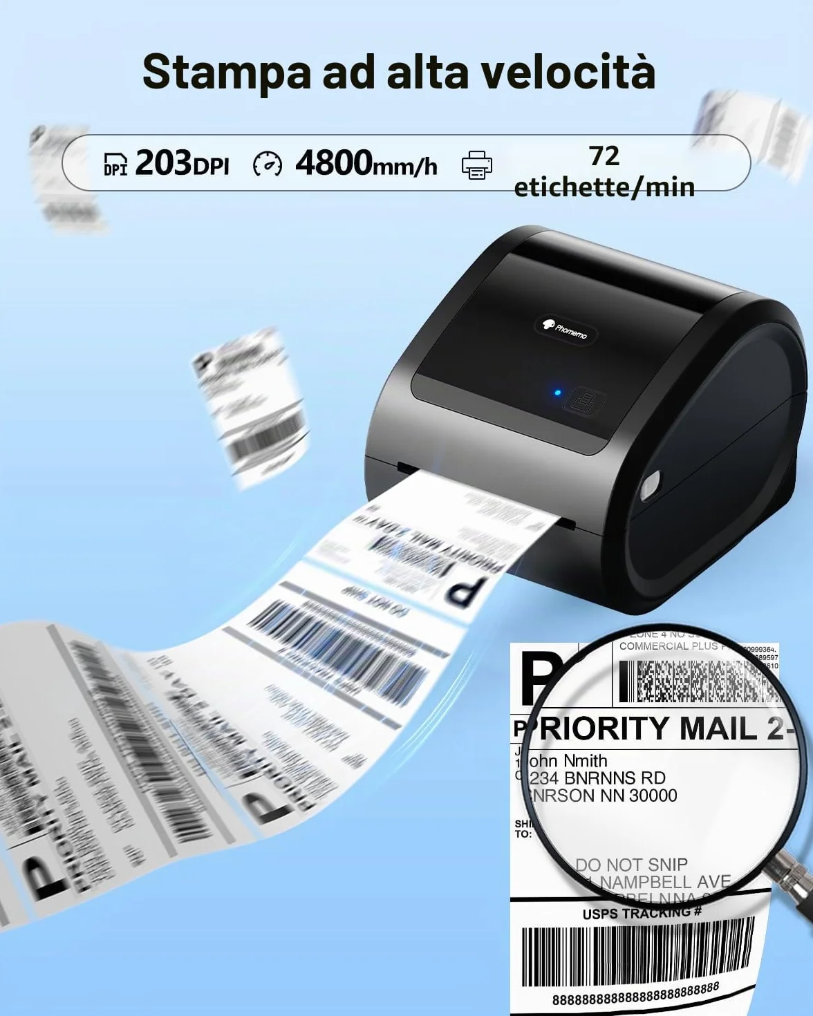 Phomemo Stampante per etichette Bluetooth, stampante termica DHL 4X6 per Mac/PC, stampante Bluetooth per codici a barre, Amazon, Etsy, Shopify, Royal Mail, DHL, FedEx, UPS