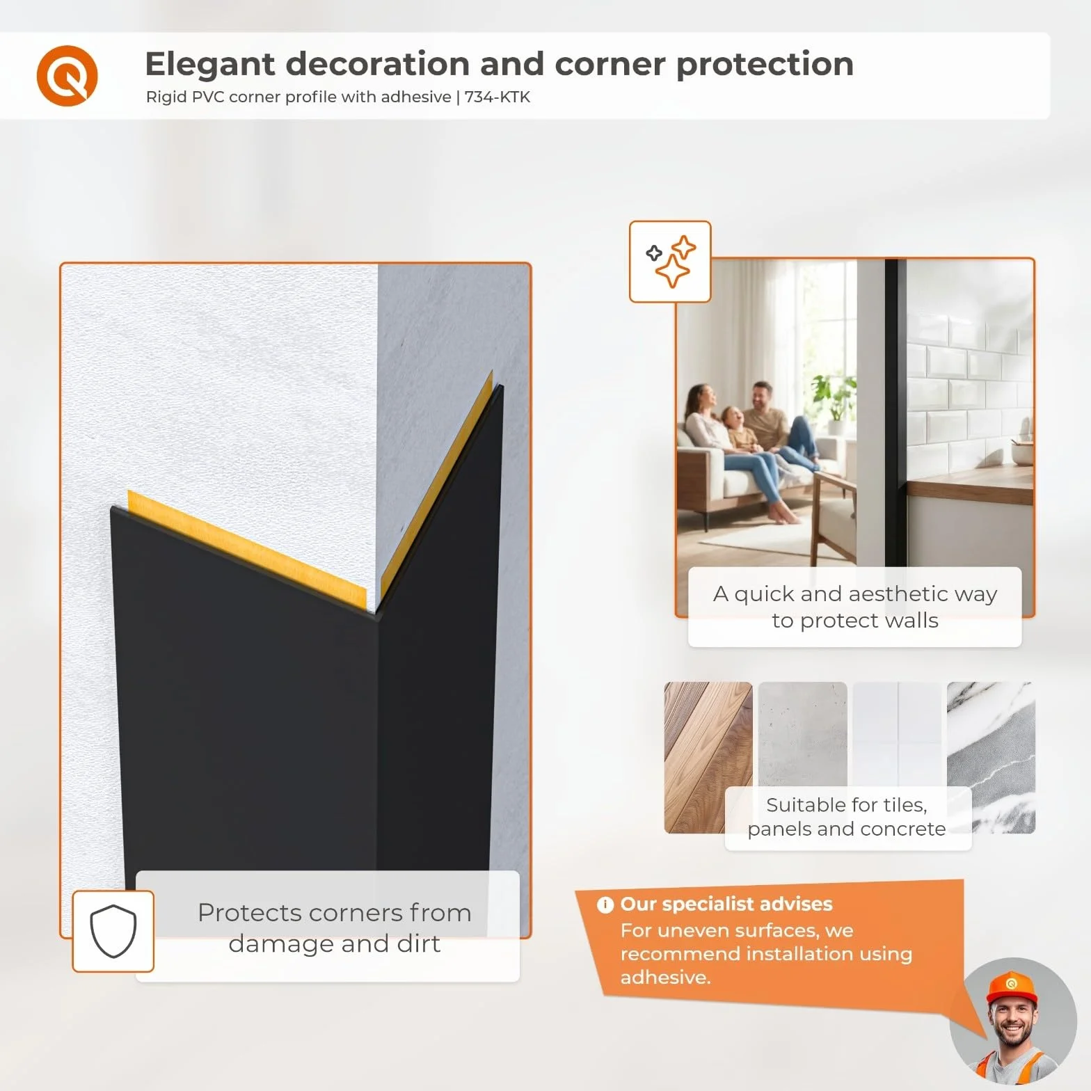 QUEST Profilo Angolare in PVC Rigido Autoadesivo 20x10mm 100cm Nero
