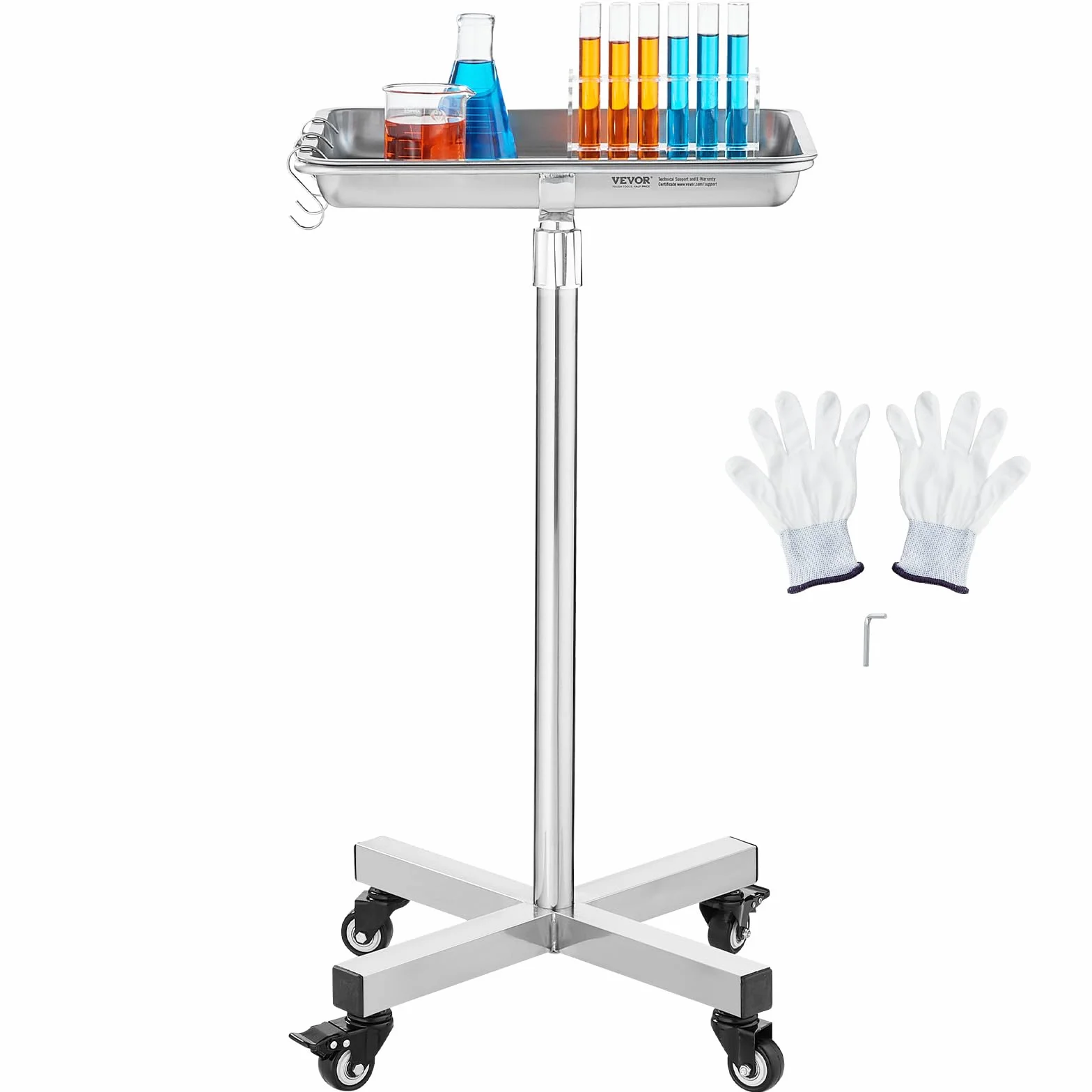 VEVOR Carrello da Laboratorio in Acciaio Inox, Regolabile in Altezza 84-132,5 cm, Carico 16kg