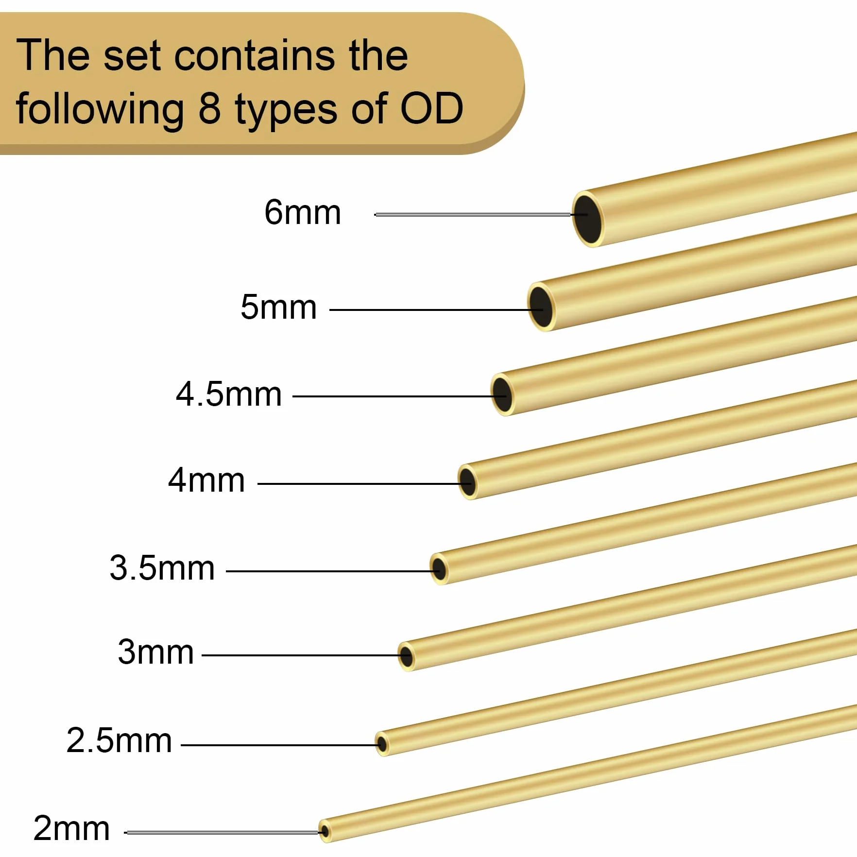 Set di tubi in ottone, 8 pezzi, 2-6 mm OD x 0,5 mm parete, lunghezza 200 mm