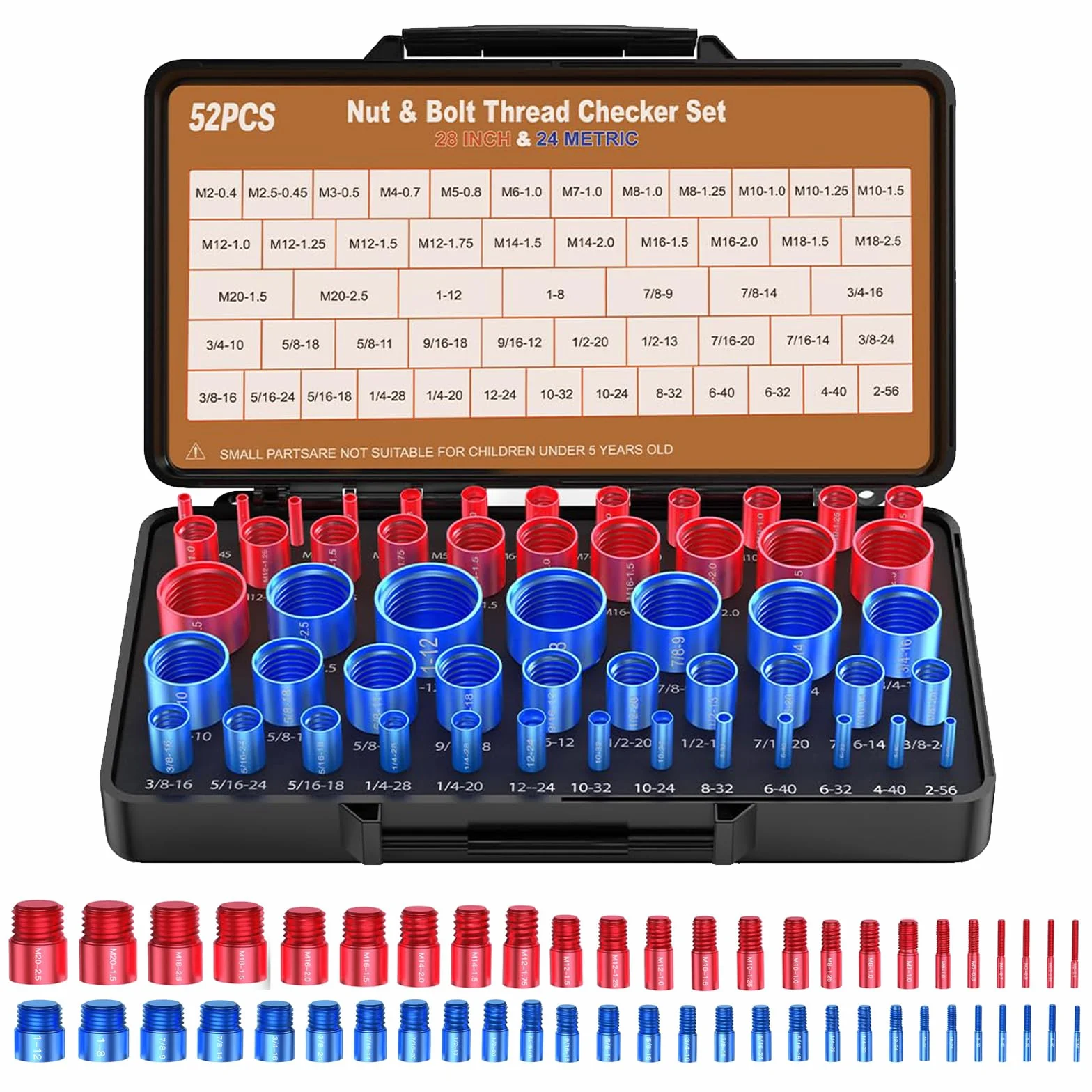 Misuratore di Filettature per Dadi e Bulloni 52 Pz Set, 28 Pollici & 24 Metrico, Custodia