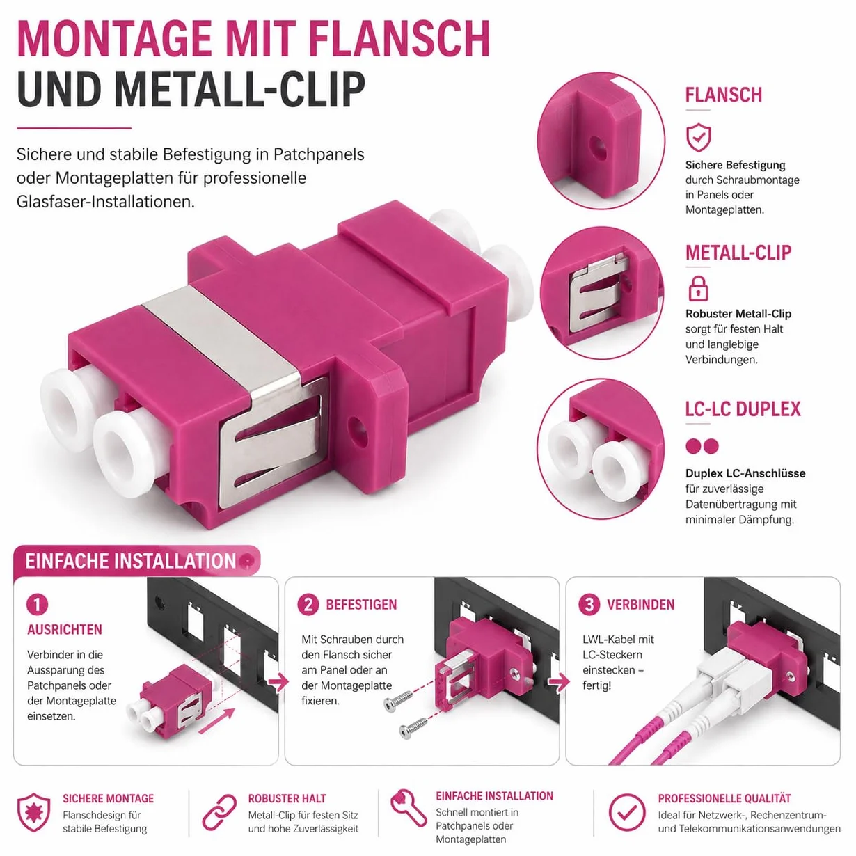 3 connettori Keystone fibra ottica OM4 LC Duplex femmina multimodale viola