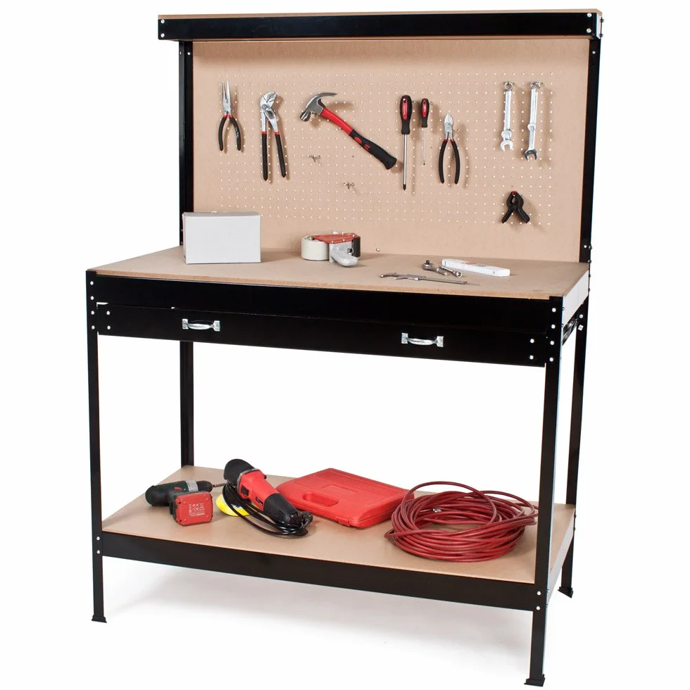 tectake® Banco da lavoro 120x60x156cm, Tavolo ideale per Fai da te, 12 Ganci inclusi, Ampio Cassetto per vari Utensili, Parete con Fori, Spazio per Attrezzi da Lavoro in Garage, Officina, Casa - Nero