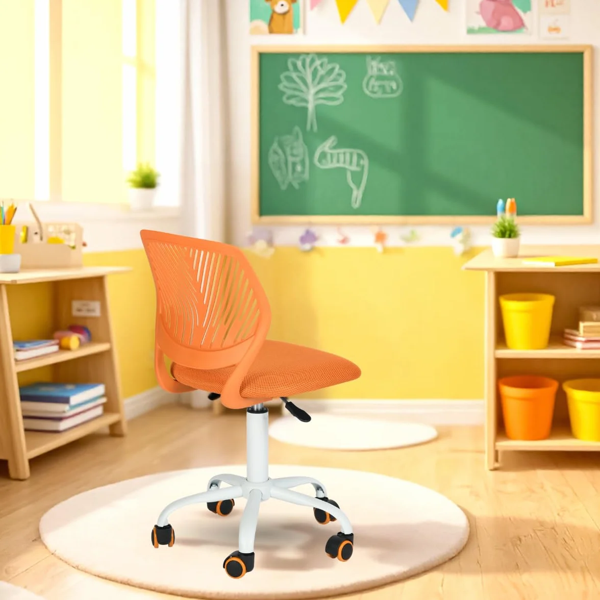 FurnitureR Sedia ergonomica compatta per scuola, schienale in rete traspirante, altezza regolabile, arancione