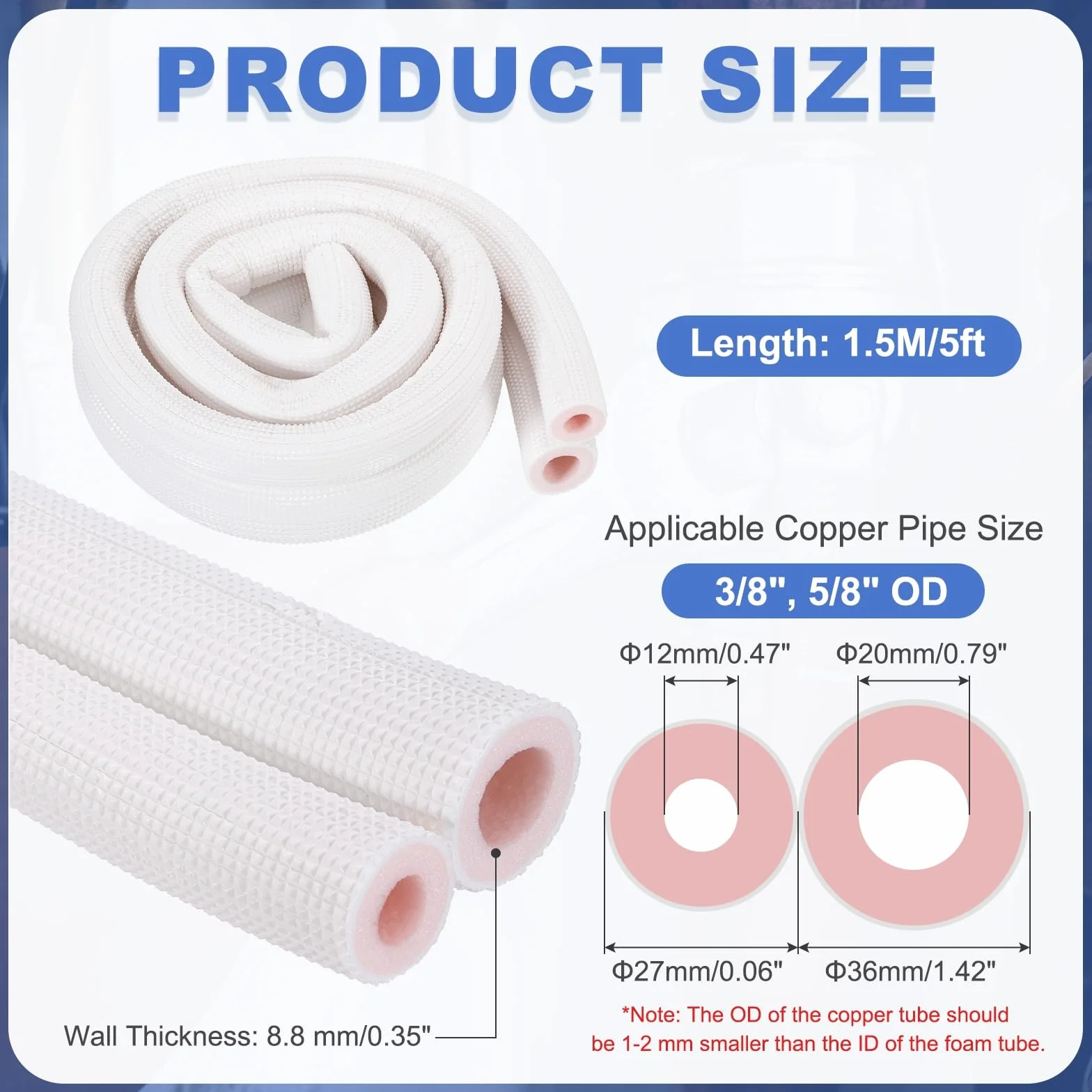 sourcing map Tubo isolante in schiuma per tubi HVAC, diametro interno 0,95 cm, diametro interno 1,5 m, per conservazione del calore, per aria condizionata, set di tubi dell'acqua in rame, bianco/rosa