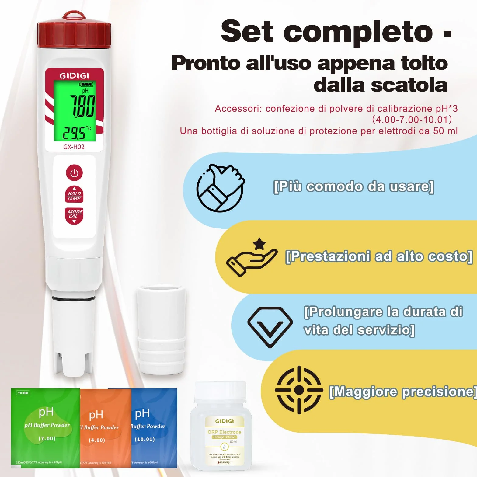 Tester di idrogeno per acqua, misuratore di pH GIDIGI, misuratore di qualità dell'acqua digitale pH/ORP/H2/Temp con ATC, tester ORP, tester di idrogeno ad alta precisione per acqua potabile idroponica