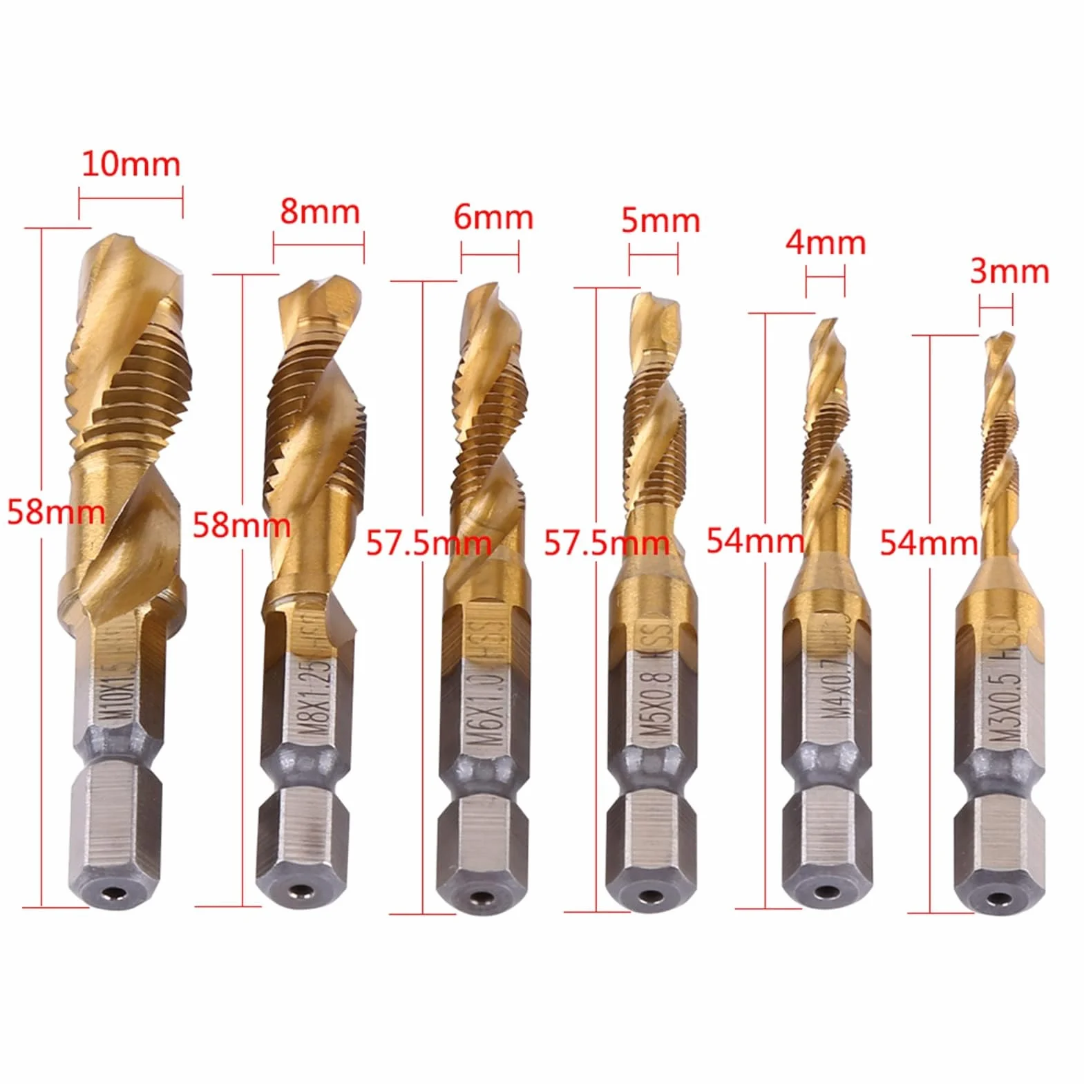 Set di 6 punte per trapano e maschiatura, filettatura metrica M3-M10, codolo esagonale 6 mm HSS placcato in titanio