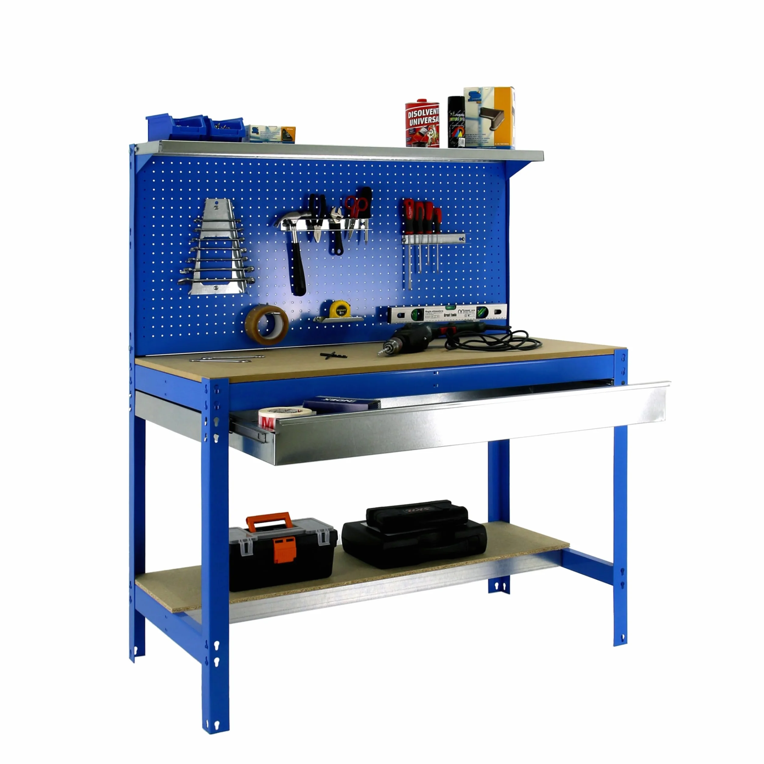 Simon Rack Banco da lavoro per officina, capacità di carico 600 kg, 1445x1210x610 mm, Pannello Forato, Ripiano per cassetti, Tavolo da lavoro fai da te, Blu/Legno - BT3