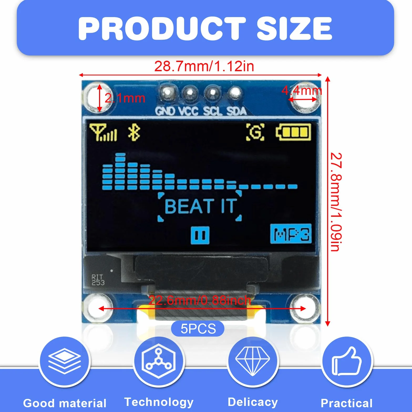 Display OLED, 5 pezzi, 0,96 pollici, 128 x 64 pixel, OLED Display Screen Driver, Display Serial Autoilluminante, OLED Schermo IIC Modulo di visualizzazione (giallo e blu)
