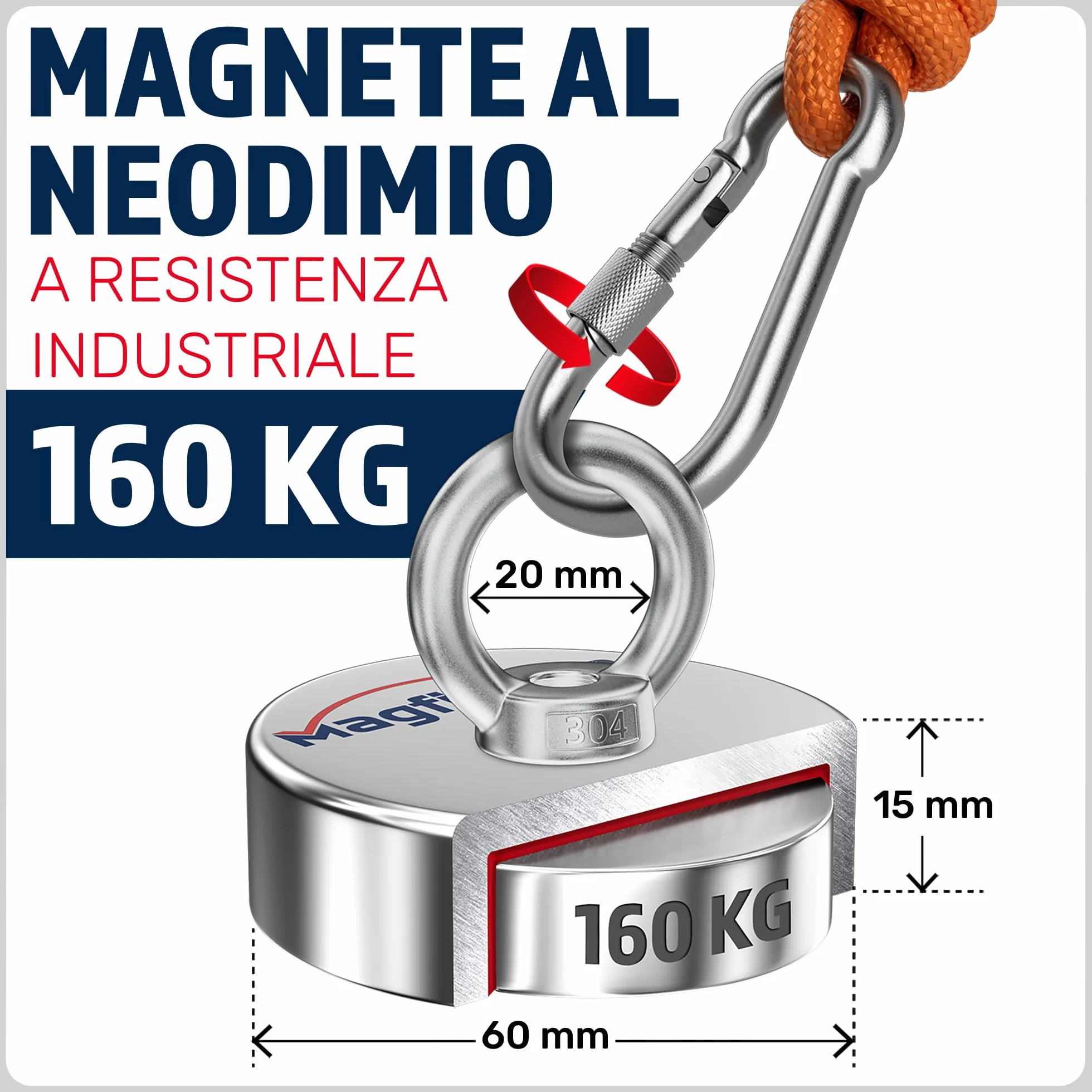 MAGFISHION Calamita Potente - Set di Magnete da Pesca - Forza di Trazione 160KG - Ø60mm - Magneti al Neodimio - Calamite Potenti con Corda (20M) & Guanti - Magnet Fishing