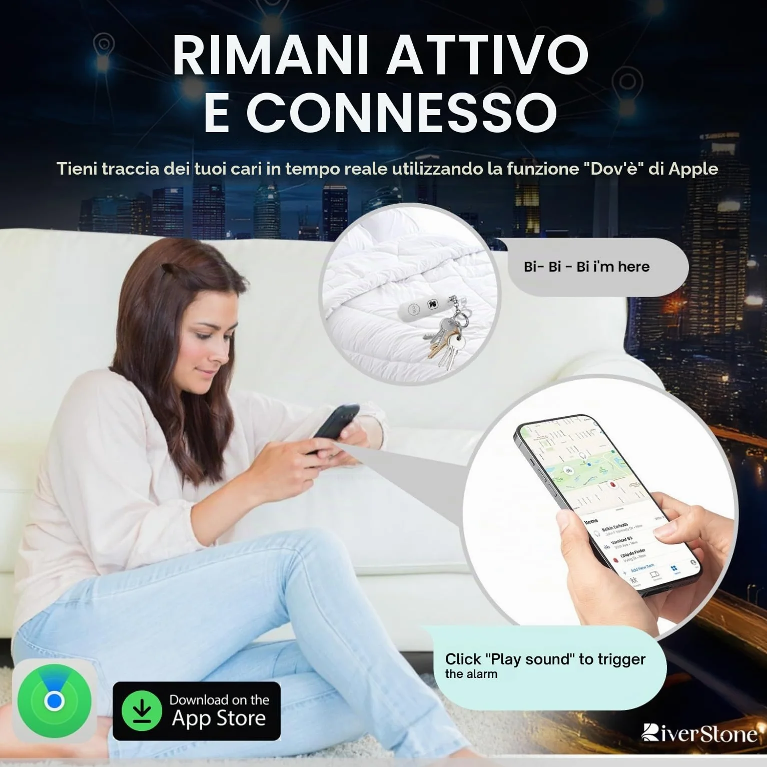 River Stone Allarme di Sicurezza Personale 130dB per Apple FindMy iOS (14.5+) Porta Chiavi Localizzatore Anti-aggressione, Sirena di Emergenza per Donna Bambino Anziano, Localizzazione, Auto-difesa