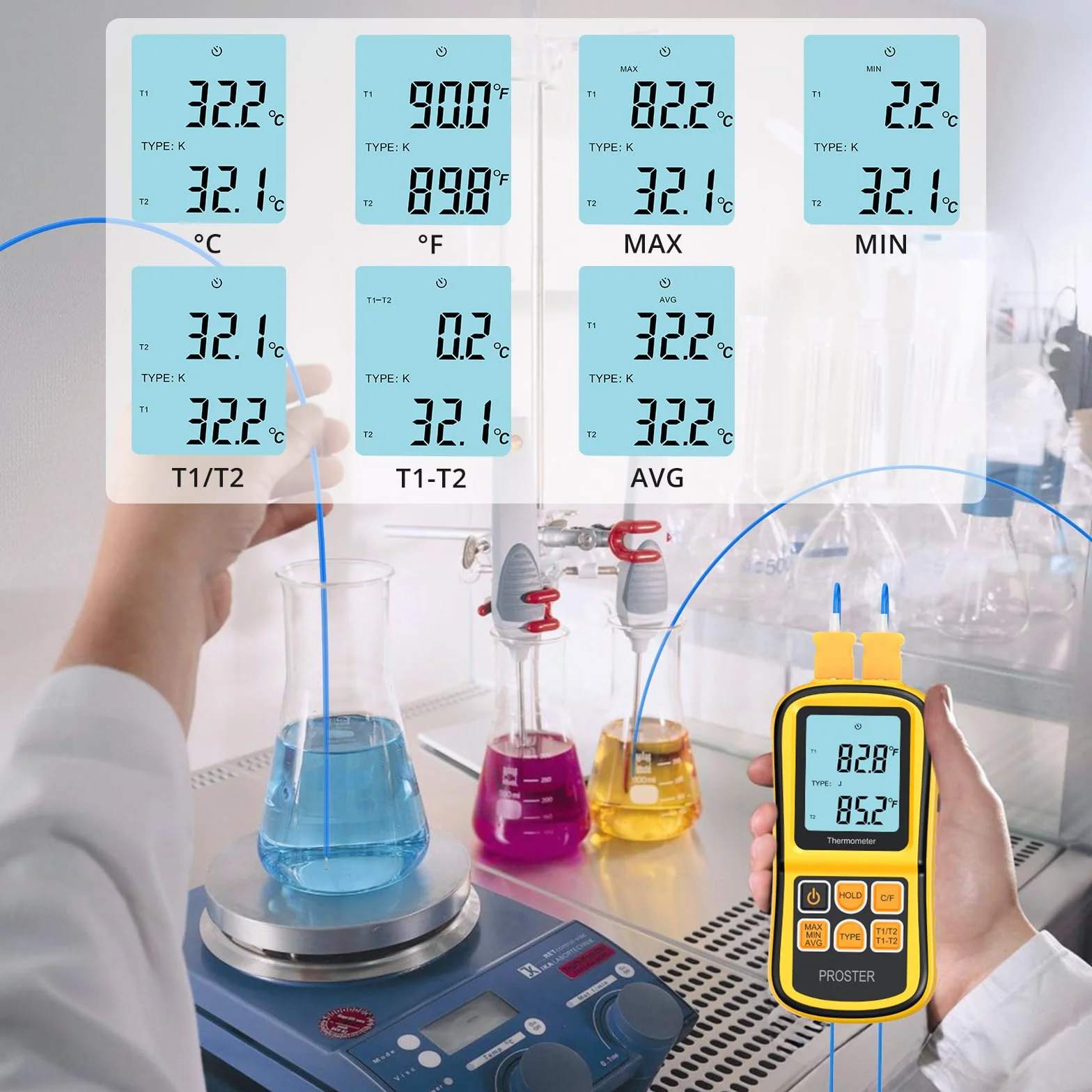 Proster Termometro Digitale a Doppio Canale Tipo K -200~1372°C LCD Retroilluminato con Due Termocoppie