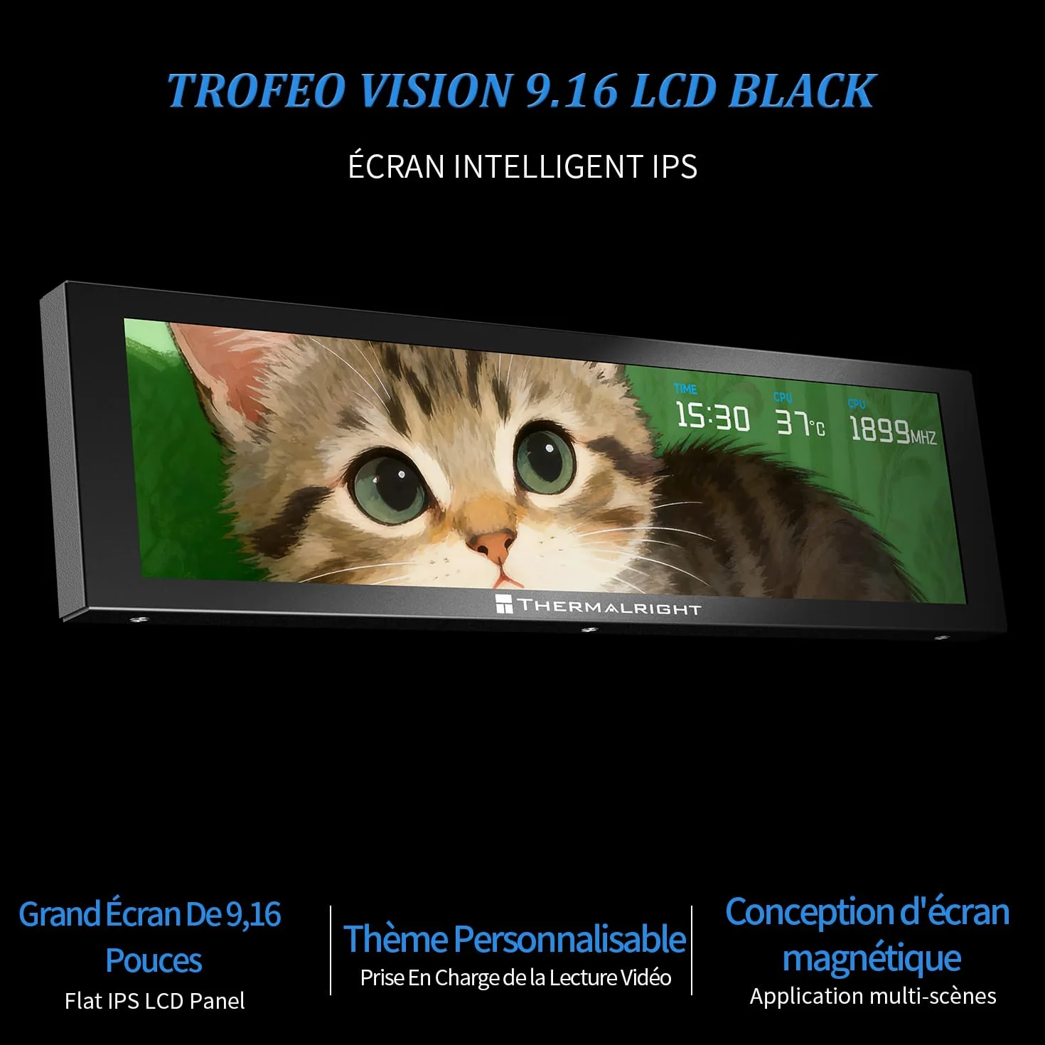THERMALRIGHT Trofeo Vision 9.16 LCD Nero Display IPS magnetico da 9,16 pollici, risoluzione 1920x480, magnetizzato sulla superficie del telaio, visualizzazione DIY di immagini/video
