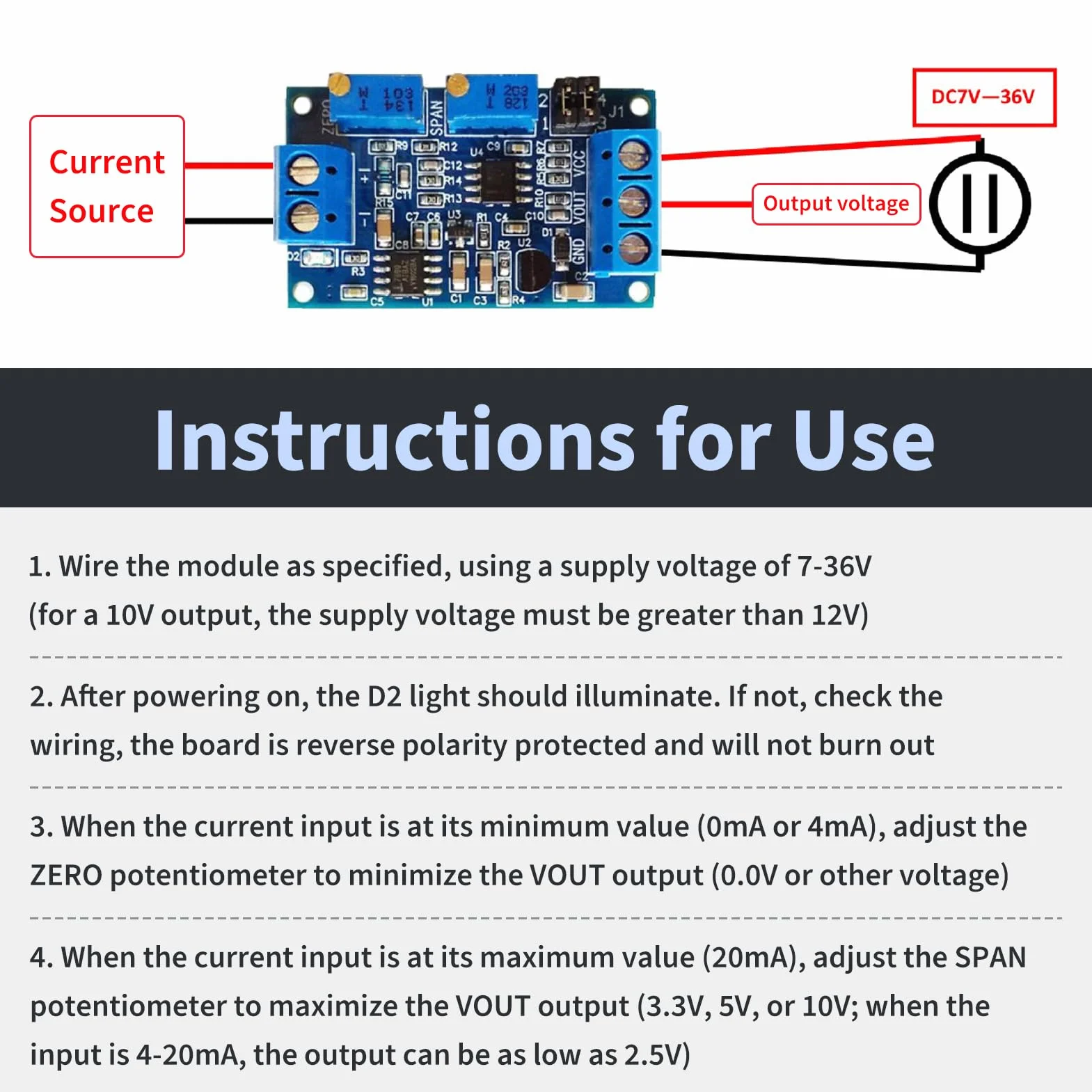 Modulo Convertitore Corrente a Tensione, Trasmettitore da 0/4-20 mA a 0-3.3v 5V 10V, Convertitore Industriale Segnale Analogico con Regolazione di Zero e Portata, Compatibile con PLC Sensori ADC