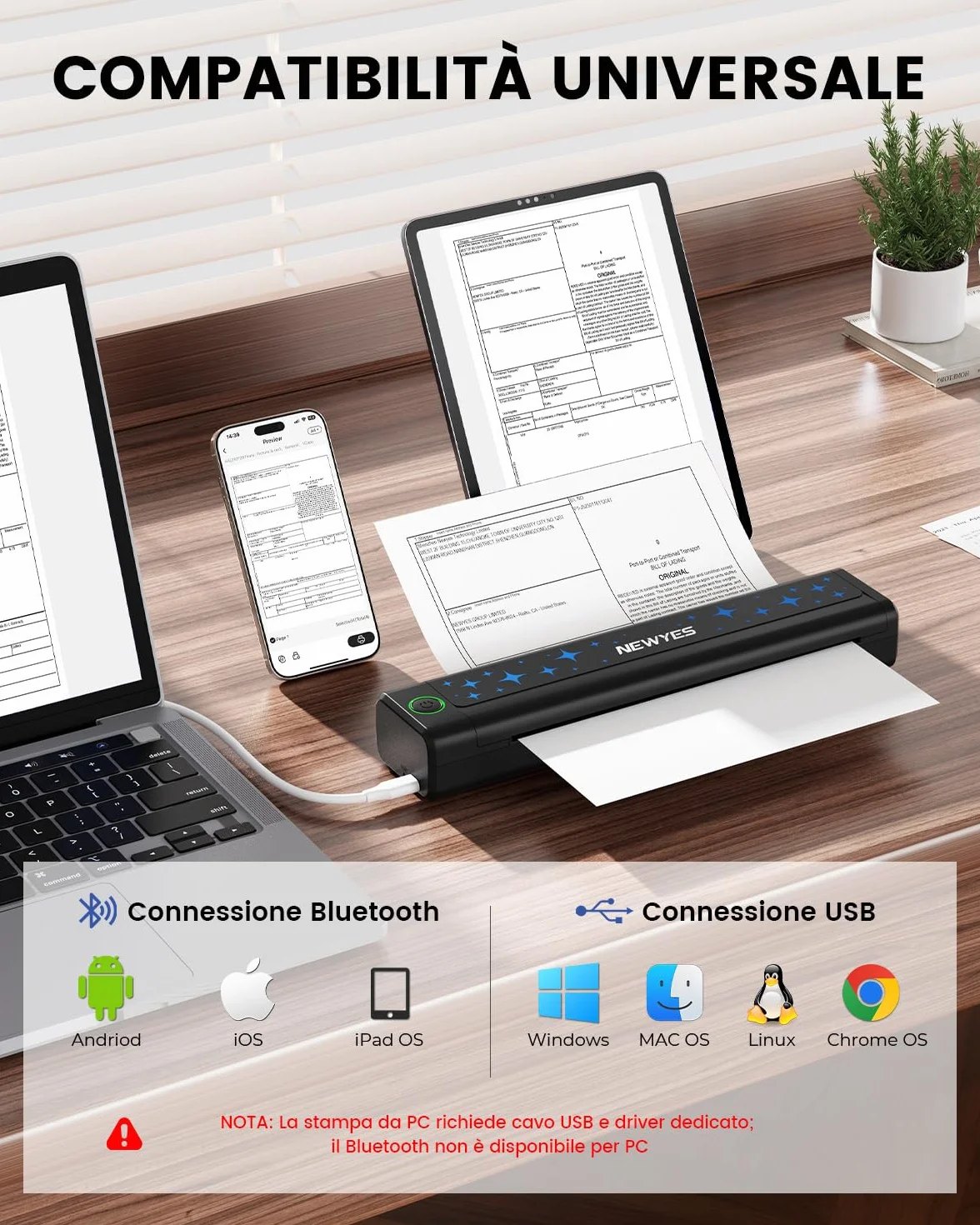 NEWYES Stampante termica portatile Stampante senza inchiostro Connettività wireless Viaggi d'affari Uso domestico di istruzione