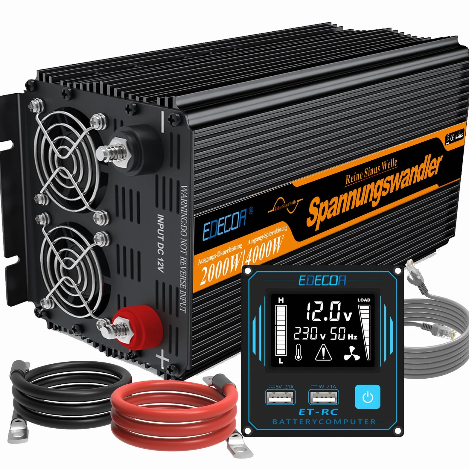 EDECOA 2000 W / 4000 W, inverter a onda sinusoidale pura da 12 V/230 V, potenza nominale 2000 watt, inverter solare da 12 V a 230 V CA con telecomando LCD, Interfacce USB e tipo C disponibili, presa