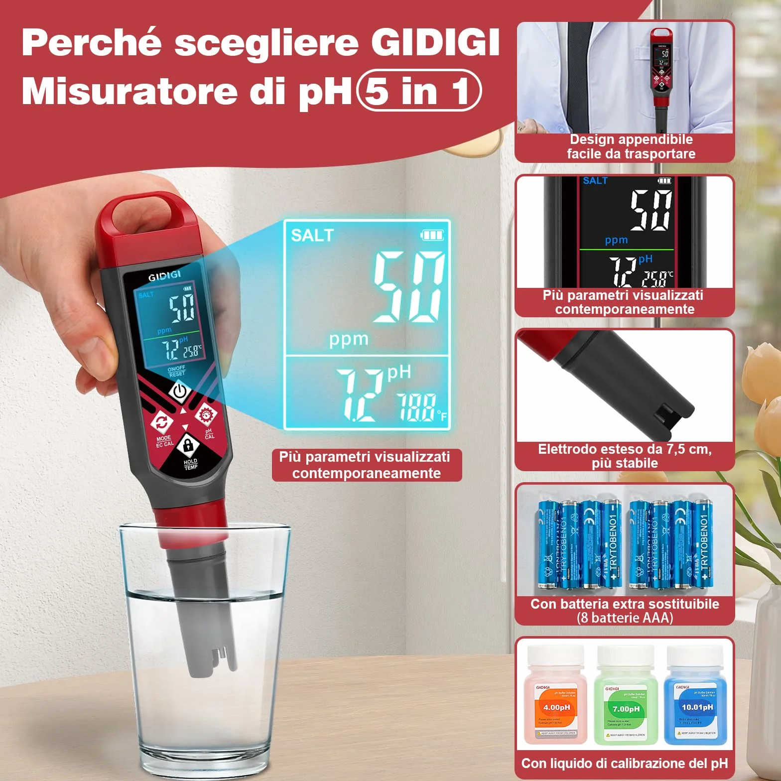 GIDIGI Misuratore di pH per Piscina 5 in 1 Tester PPM Schermo a Colori Acqua Salata Acquario