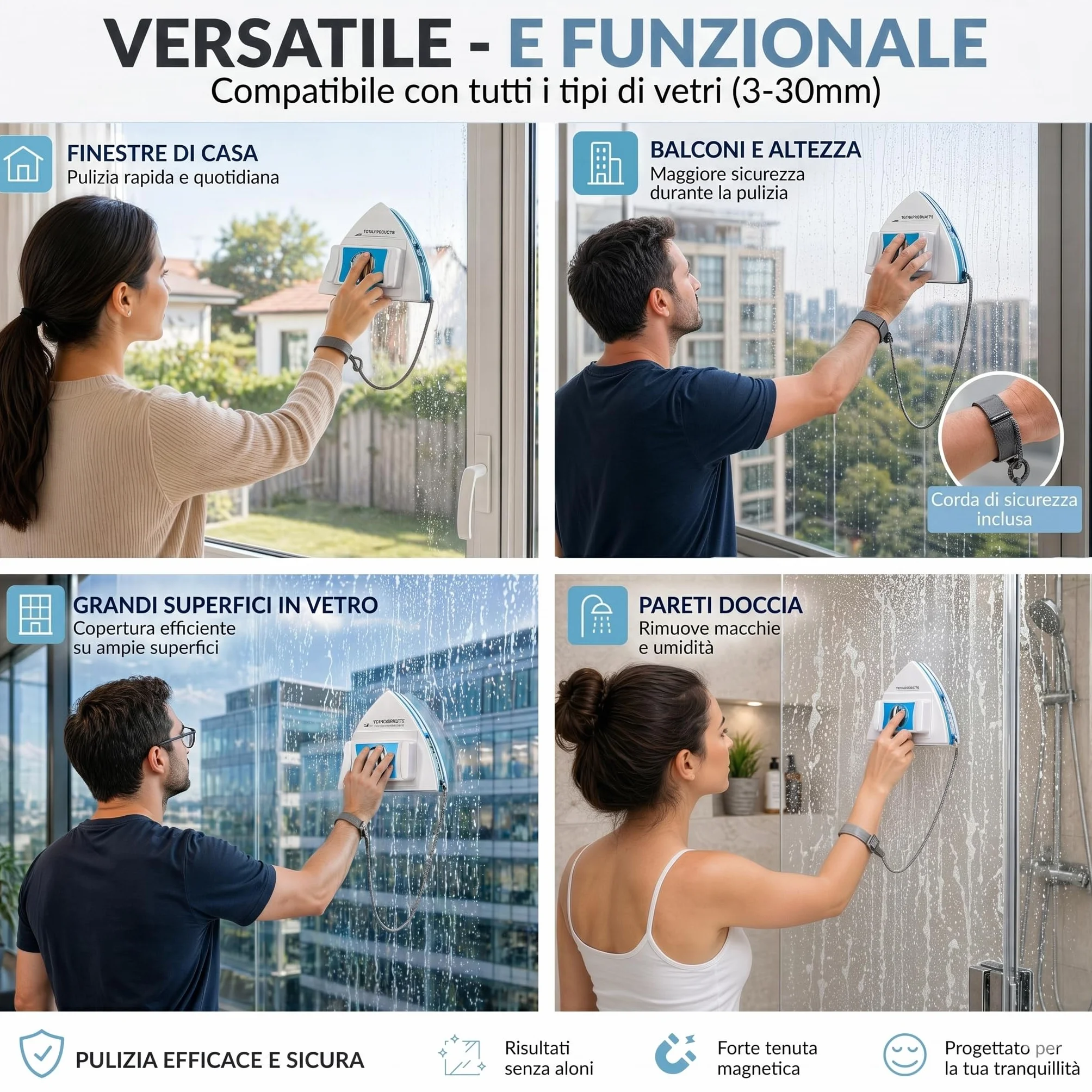 Lavavetri Magnetico Regolabile 3-30 mm, Pulitore Vetri Doppia Faccia, Corda di Sicurezza, Ricambi e Manuale