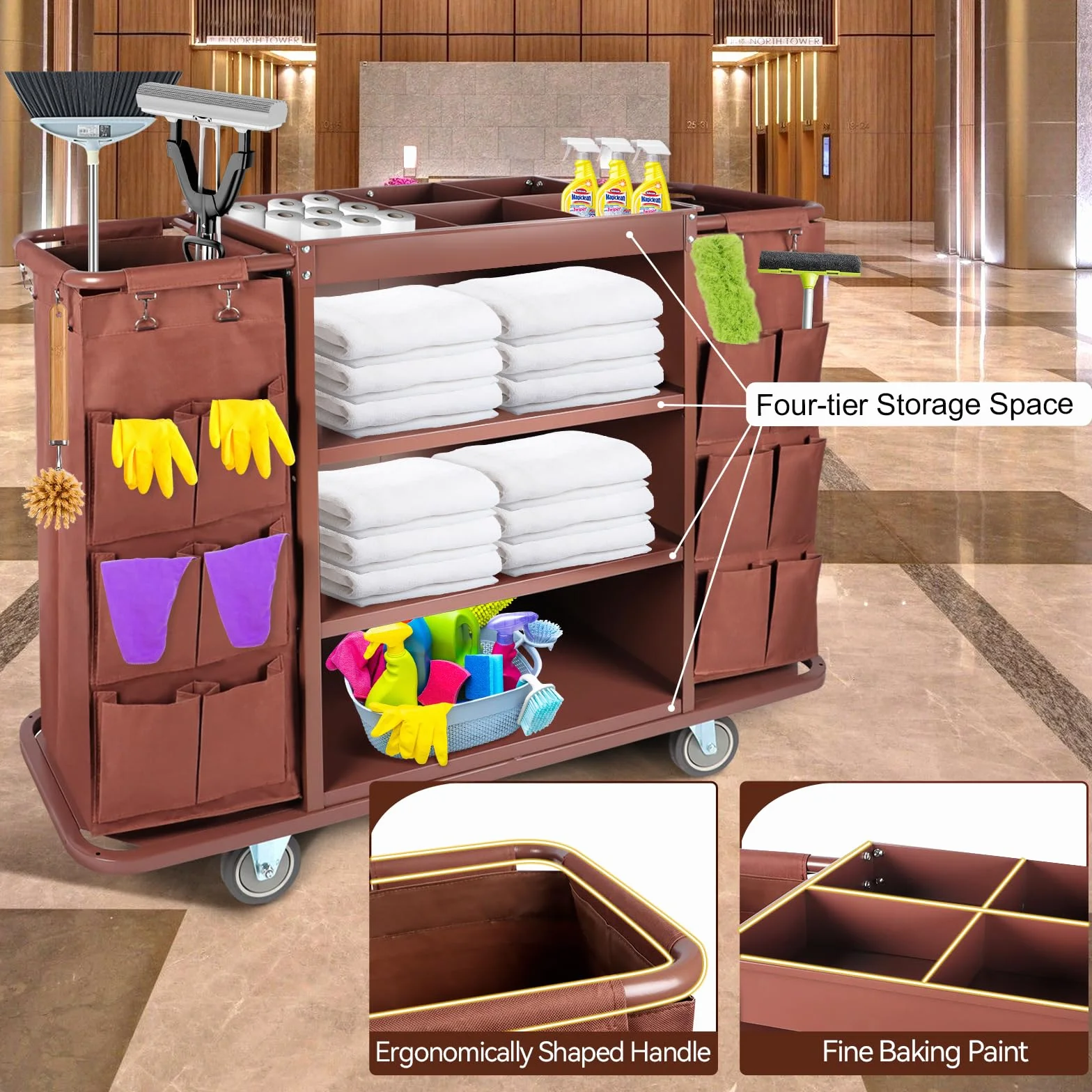 EBANKU Carrello multifunzionale per hotel, carrello per pulizie commerciali e carrello per pulizie con sacco capiente e ruote