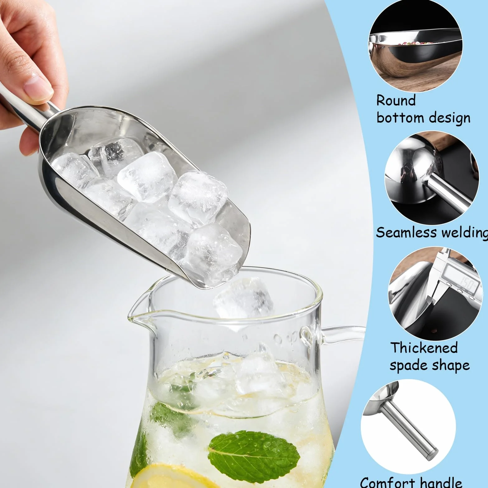 2 paletta per farina, in acciaio inox, per addensare, per cubetti di ghiaccio, non magnetica, per cucina, bar, matrimoni, buffet, lavabile in lavastoviglie, colore: argento