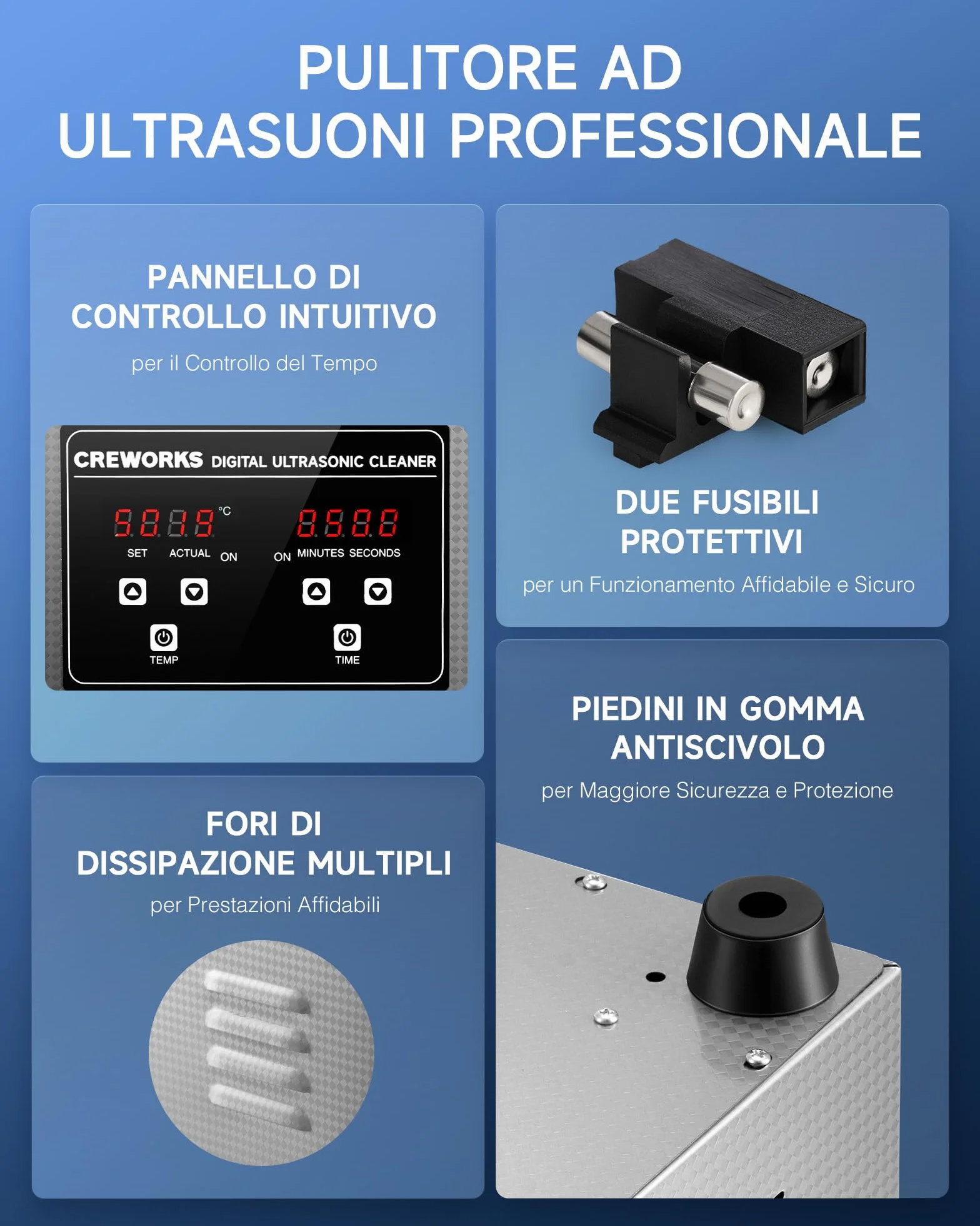 Pulitore Ultrasuoni Industriale 1L 50W Acciaio Inossidabile con Riscaldatore Timer Digitale